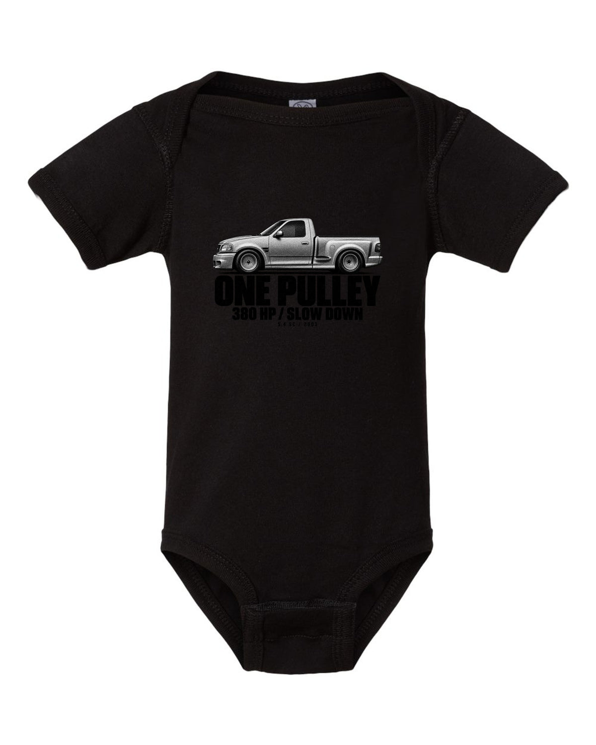 Halftone print of a 2002-03 Ford F-150 SVT Lightning with 380 HP text black baby onesie front view with the design