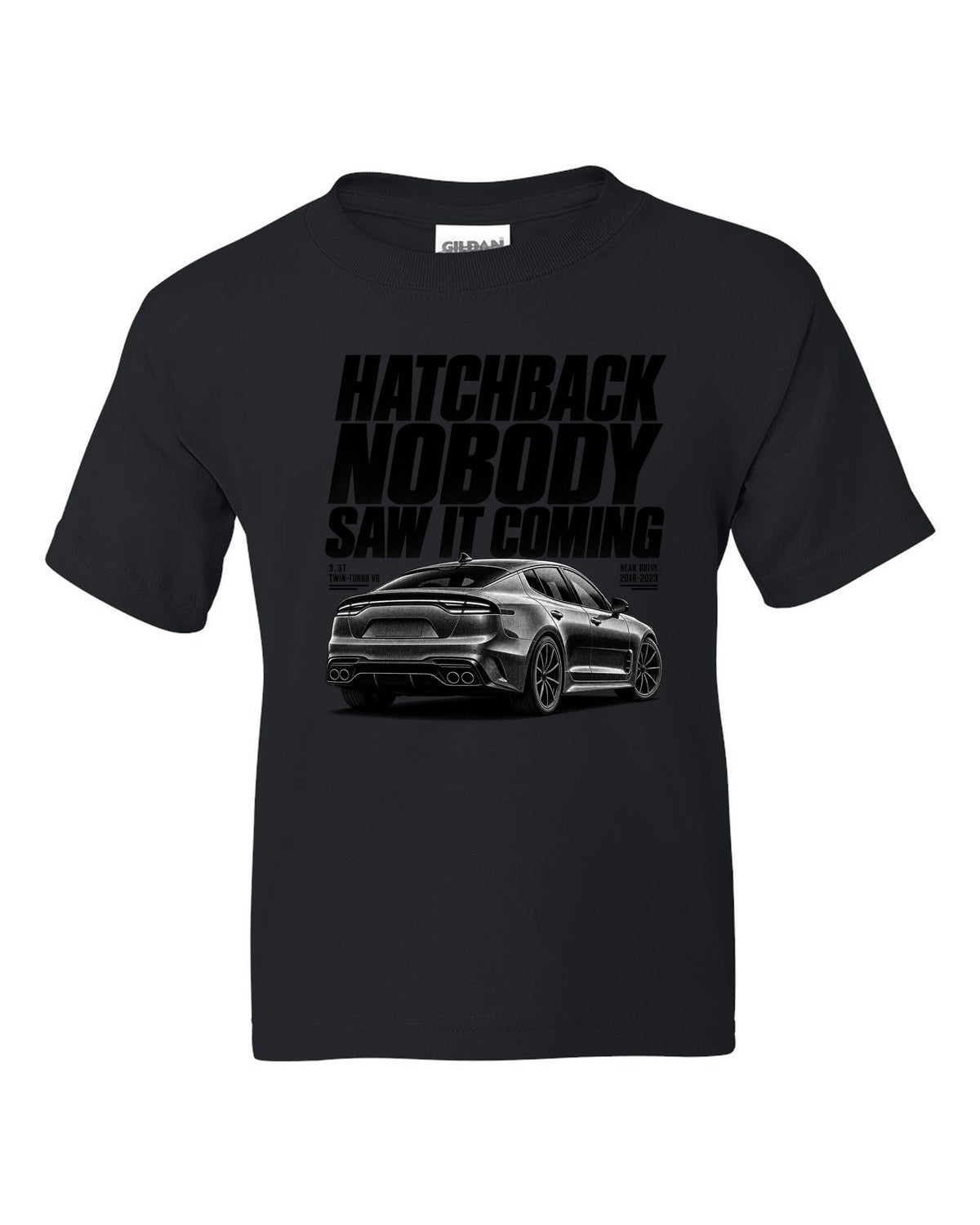 Halftone print of a Kia Stinger GT CK rear three-quarter low angle with chback text black kids tee front view with the design
