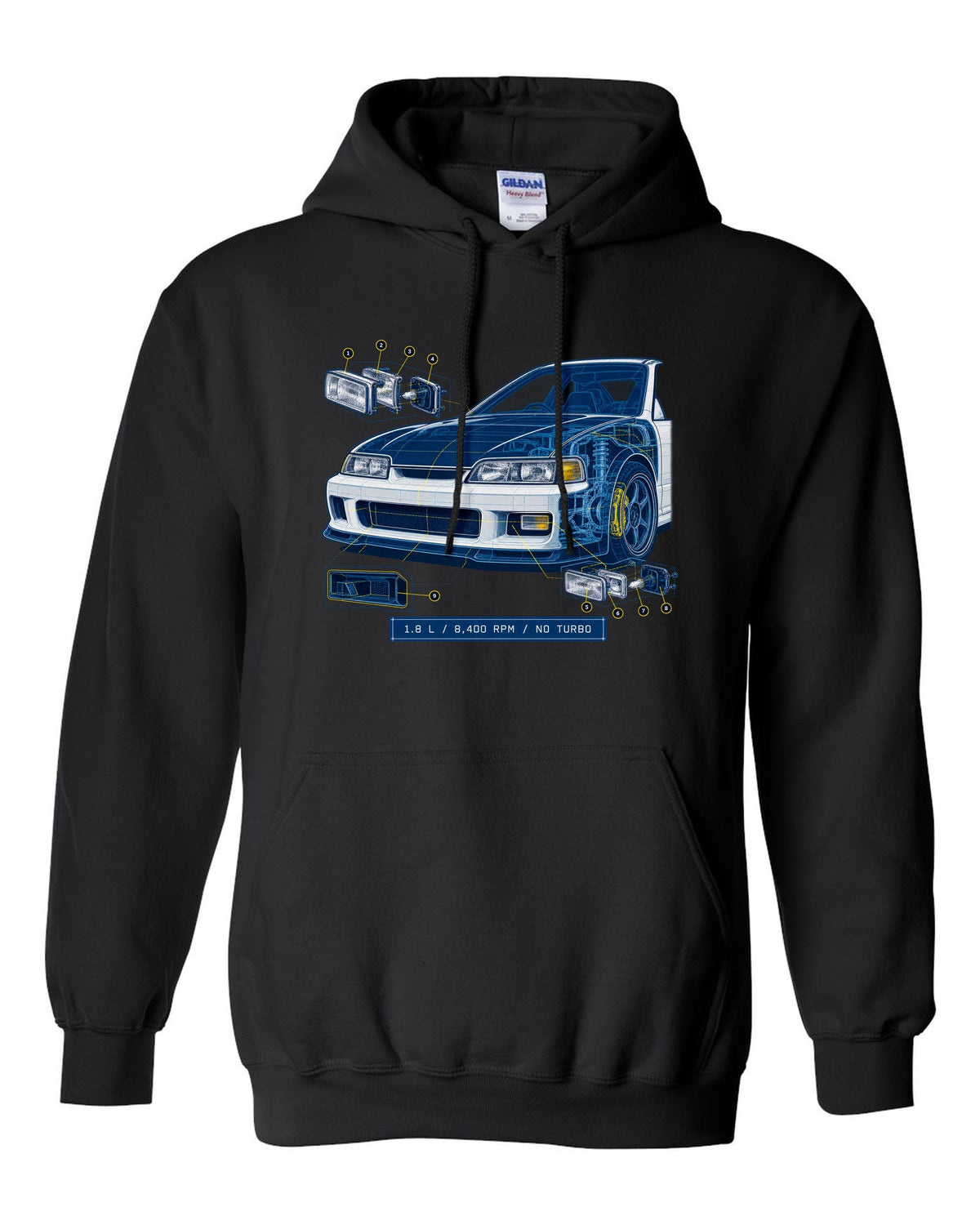 Technical blueprint design of the Honda Integra Type R DC2 with B18C specs black pull over hoodie front view with the design