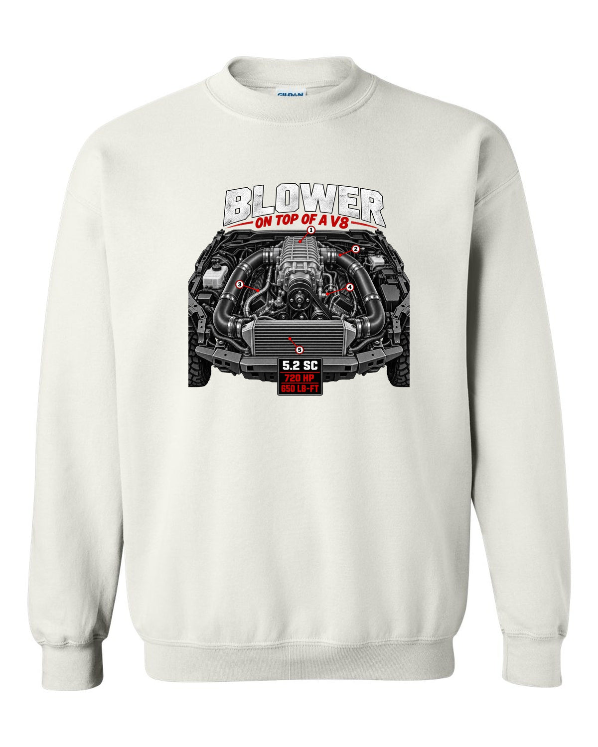 Ford F-150 Raptor R P702 engine hero print with 5.2 supercharged V8 and 720 HP white crewneck front view with the design