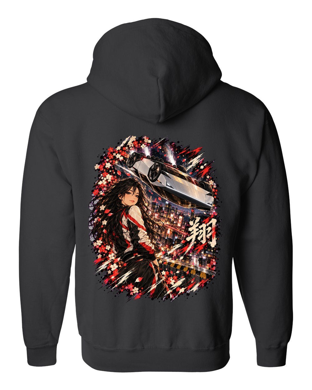 Tesla Roadster Flip Anime Girl Zip Hoodie Black back