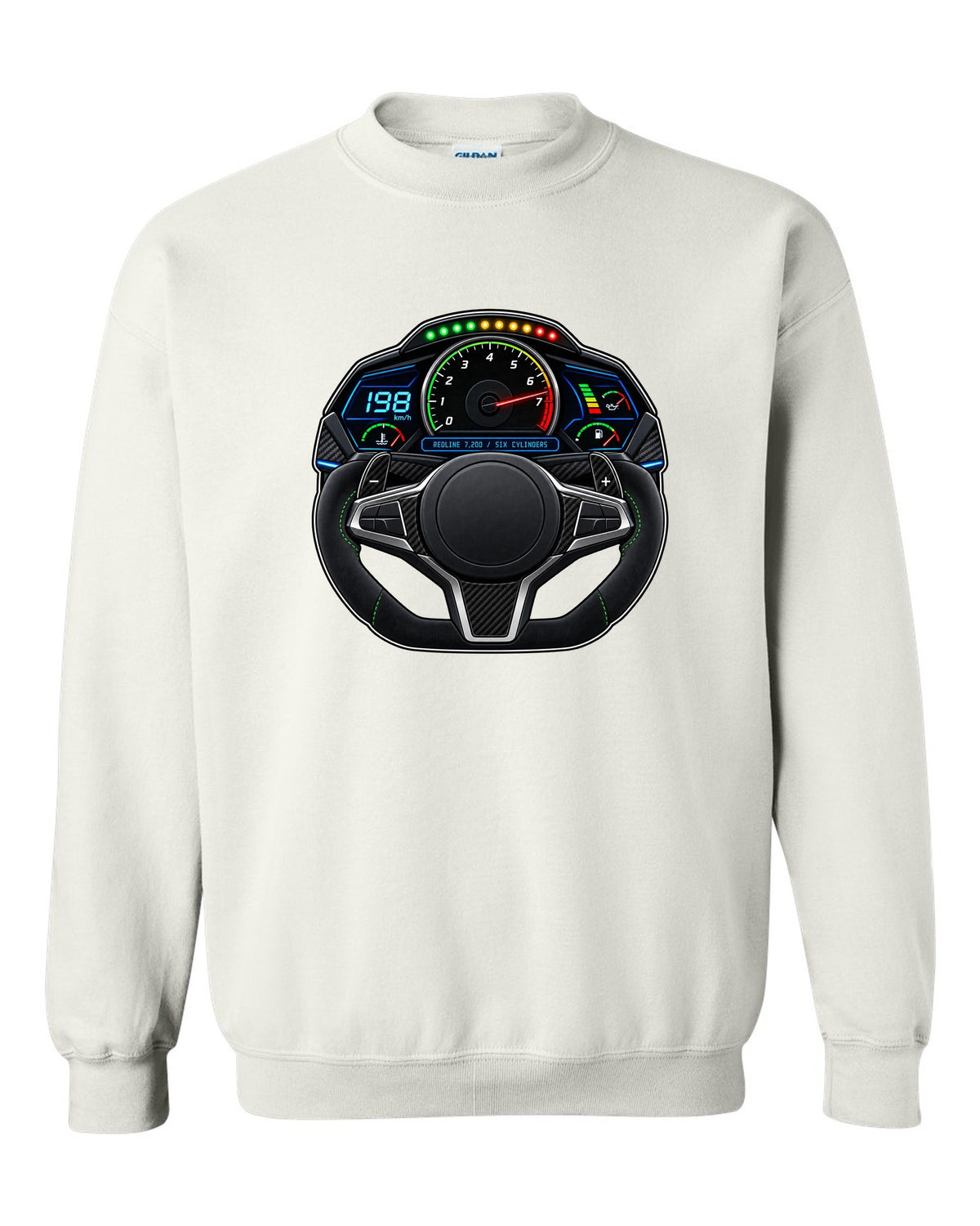 BMW G80 M3 interior gauge cluster HUD print with redline 7,200 text white crewneck front view with the design