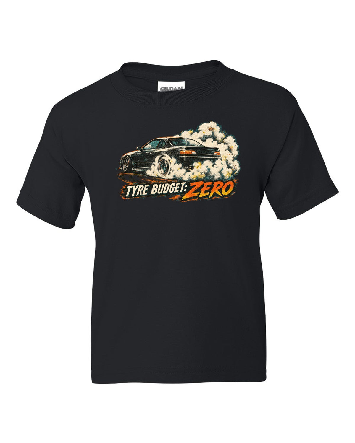 Distressed screenprint print of a 1999 Nissan Silvia S15 with Tyre Budget Zero lettering black kids tee front view with the design