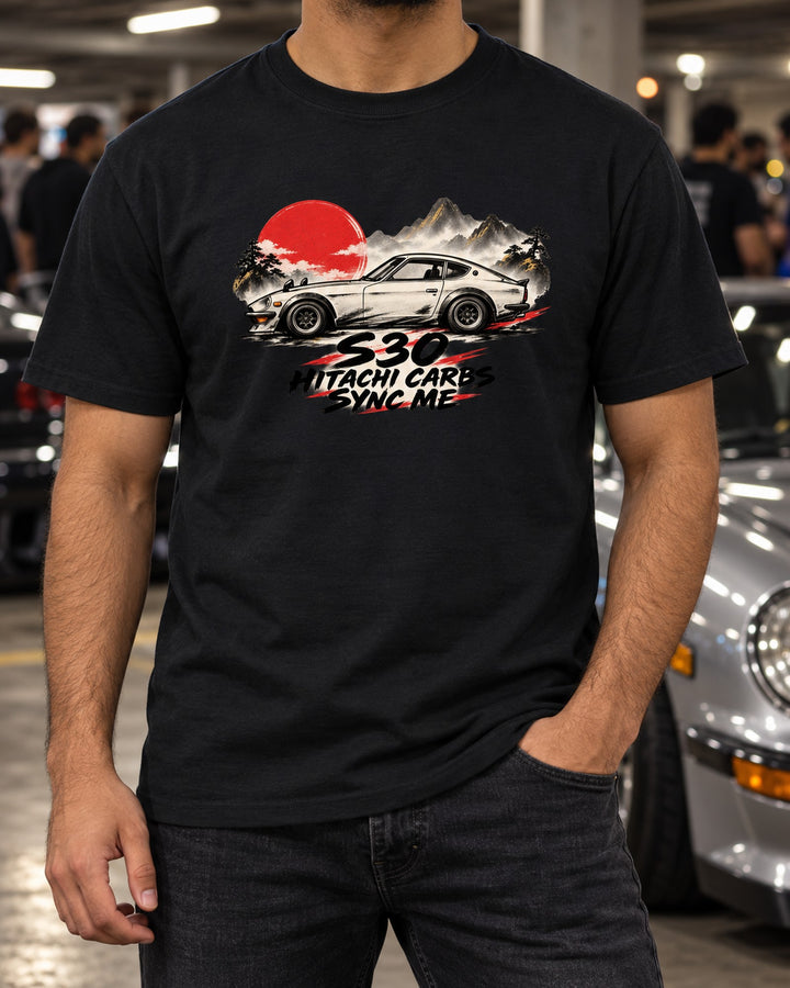 Datsun 240Z S30 Ink Wash Profile Tee, Sync Me Carbs T-Shirt Black worn hero