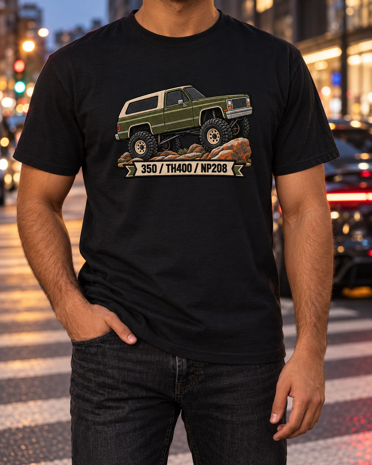 Chevrolet K5 Blazer Embroidered Patch Style Shirt, 350 TH400 T-Shirt Black worn hero