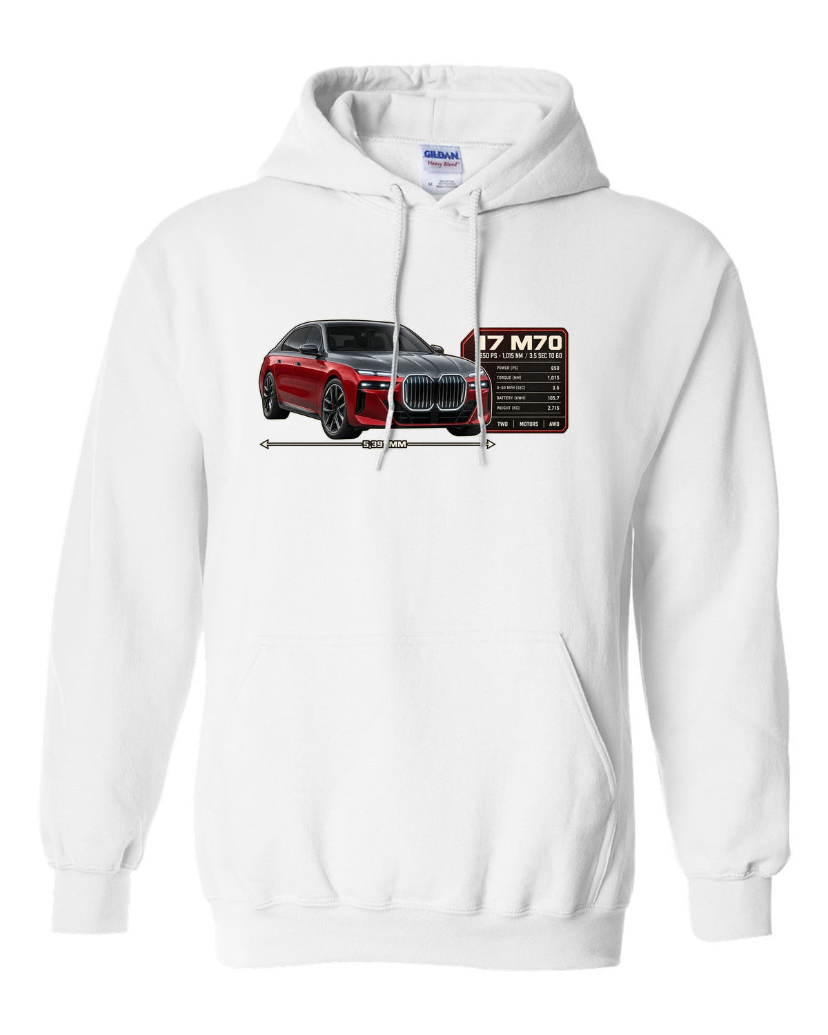 Spec poster print of the BMW i7 M70 xDrive with 650 PS and 1,015 Nm white pull over hoodie front view with the design