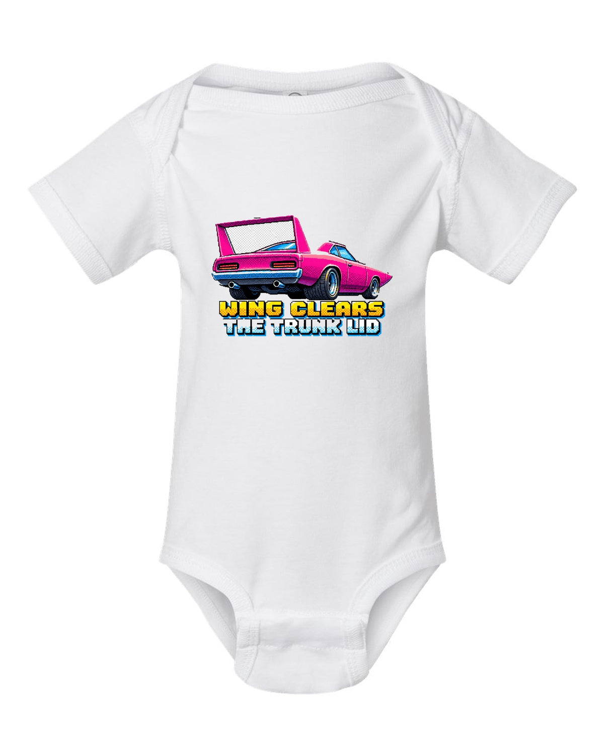 1970 Plymouth Superbird 16-bit pixel art print with Wing Clears The Trunk Lid text white baby onesie front view with the design
