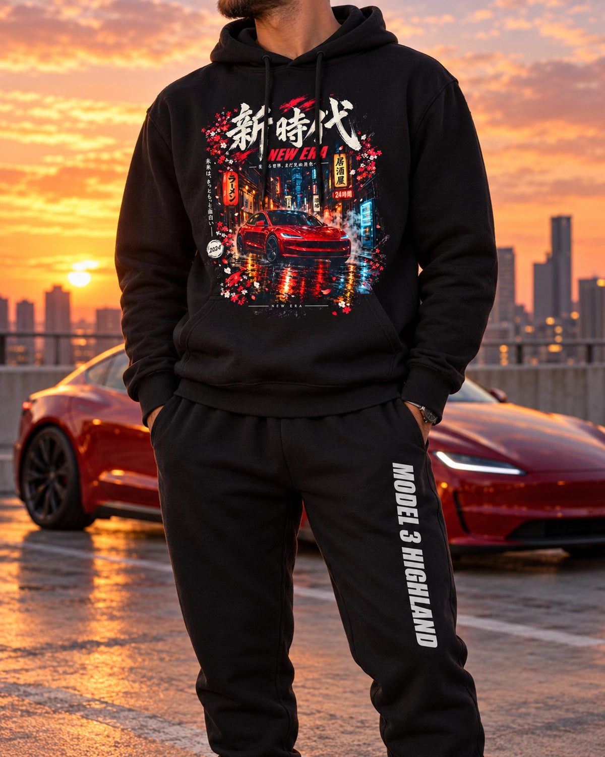 Tesla Model 3 Highland Dream Car Hoodie + Jogger Set Black worn hero