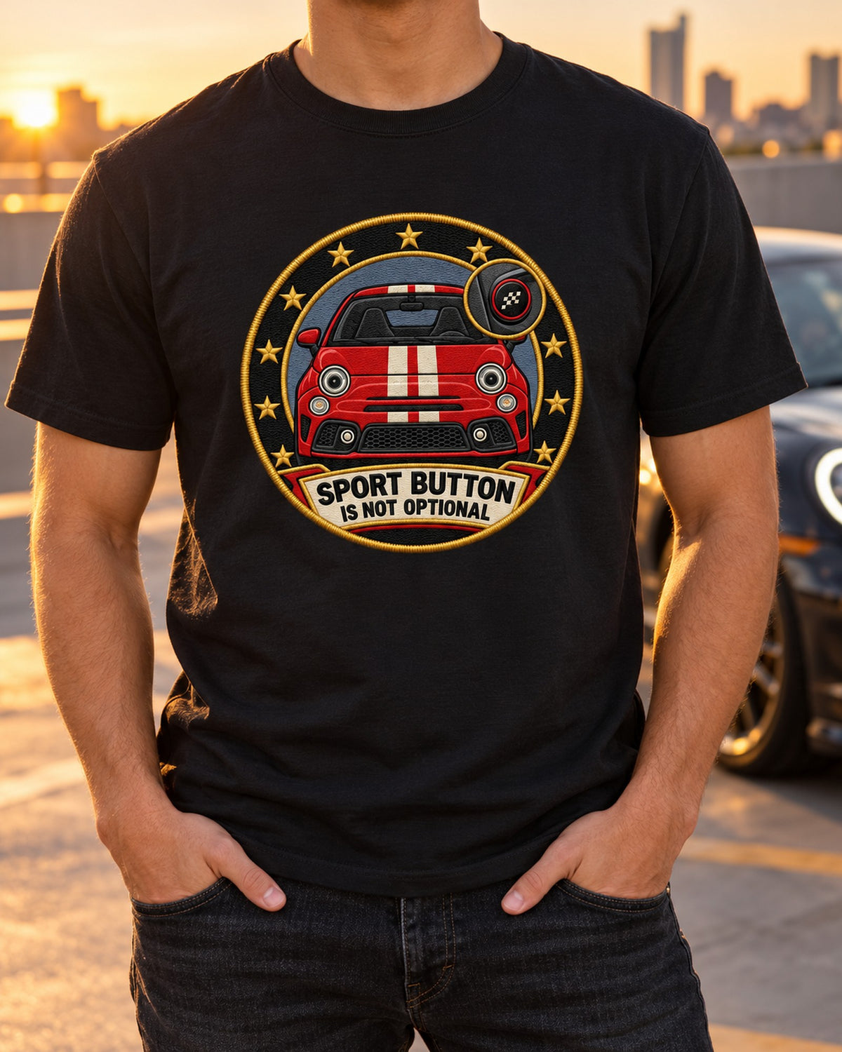 Fiat 500 Abarth Sport Button Embroidery Crest Shirt T-Shirt Black worn hero