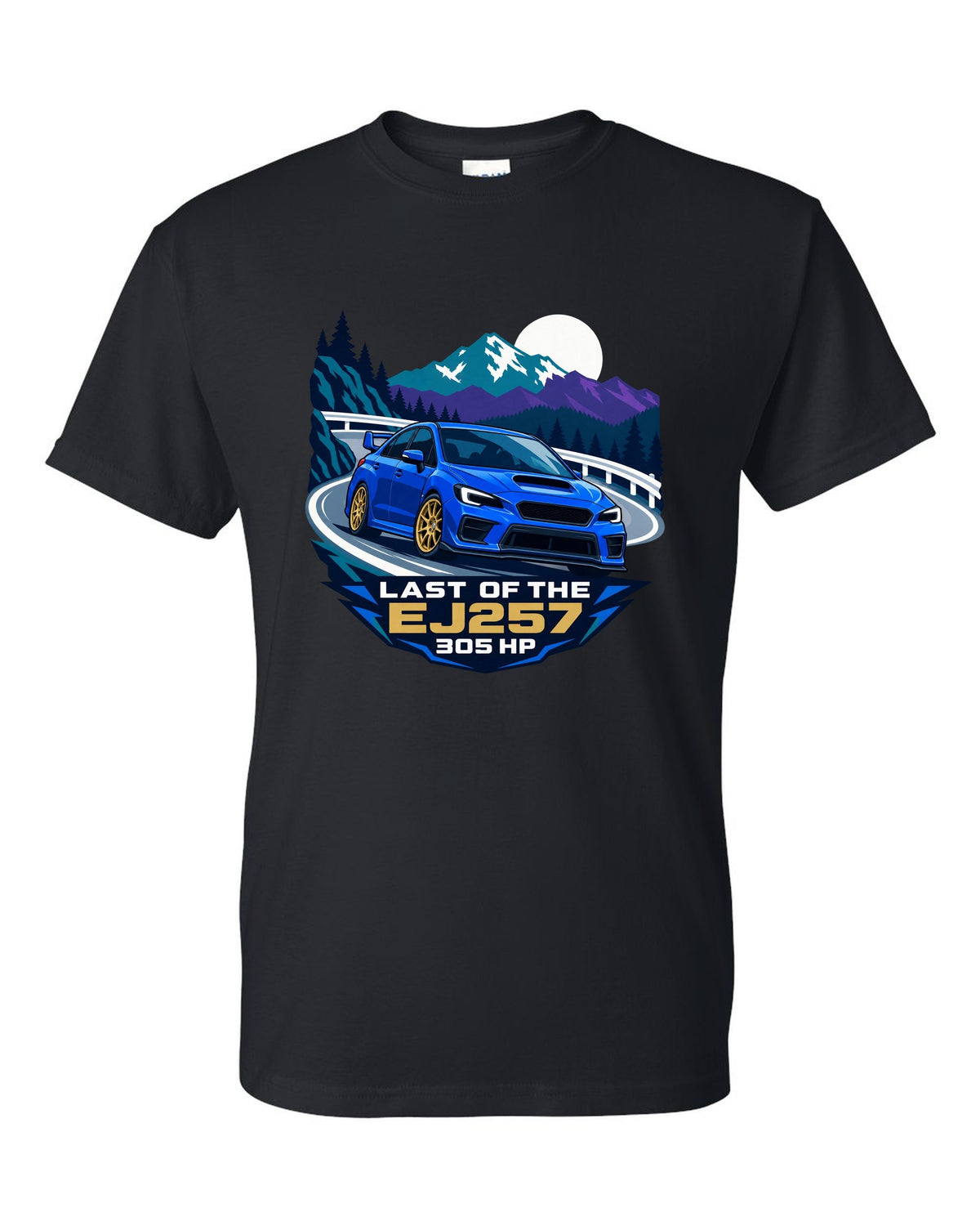 Flat vector minimalist Subaru WRX STI VAB on a hairpin corner black t-shirt front view with the design
