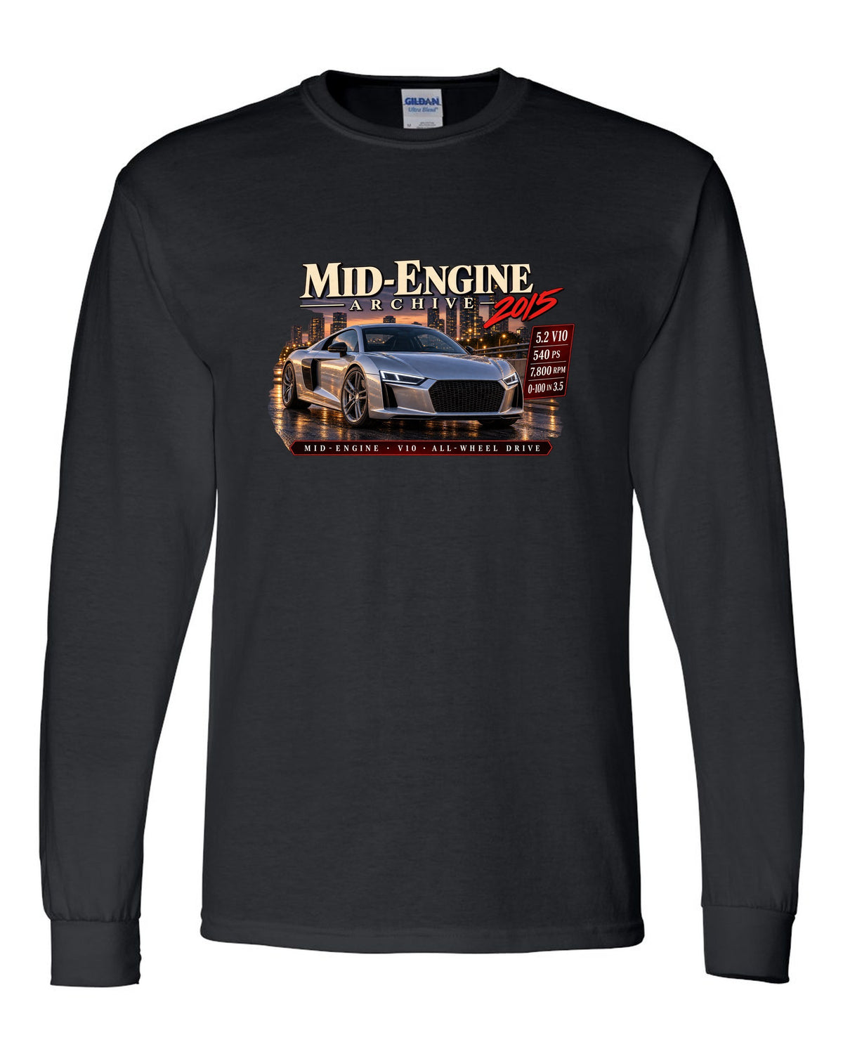 Audi R8 Type 4S V10 front three-quarter in archive panel with 540 PS text black long sleeve front view with the design