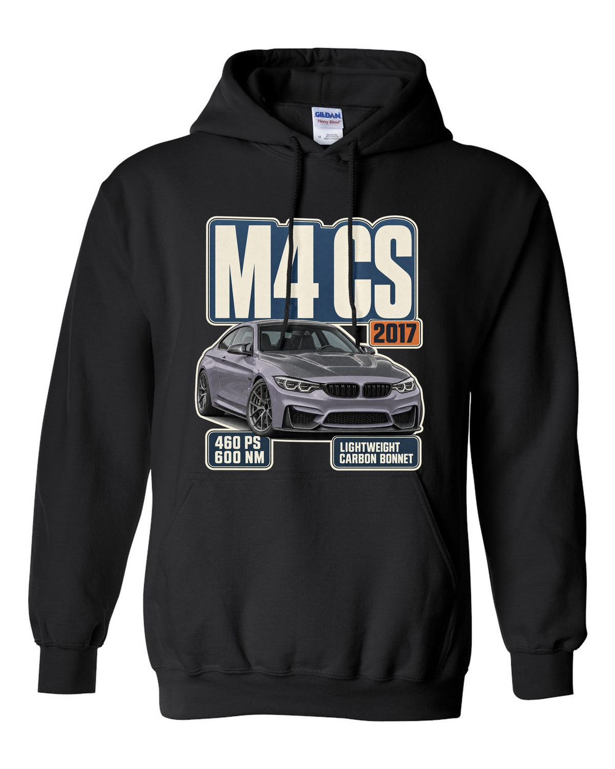 BMW M4 CS F82 editorial headline print design black pull over hoodie front view with the design
