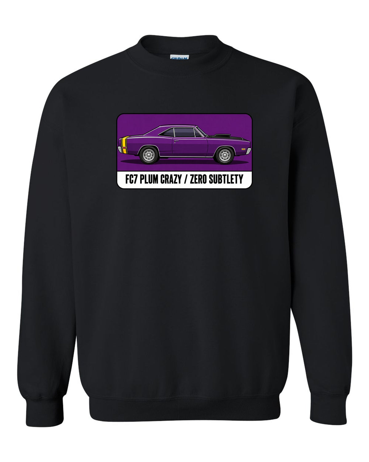 Pantone-style swatch print of a 1969 Dodge Coronet Super Bee in Plum Crazy black crewneck front view with the design