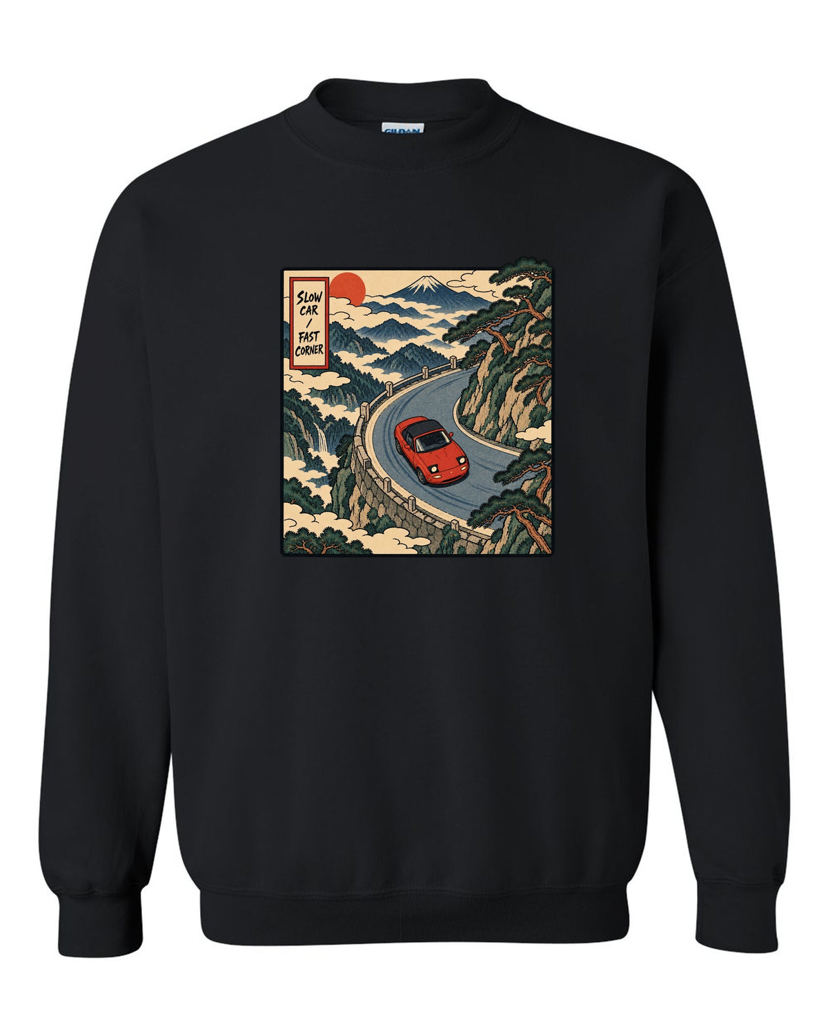 Flat silhouette row of Mazda MX-5 NA, NB, NC and ND generations black crewneck front view with the design