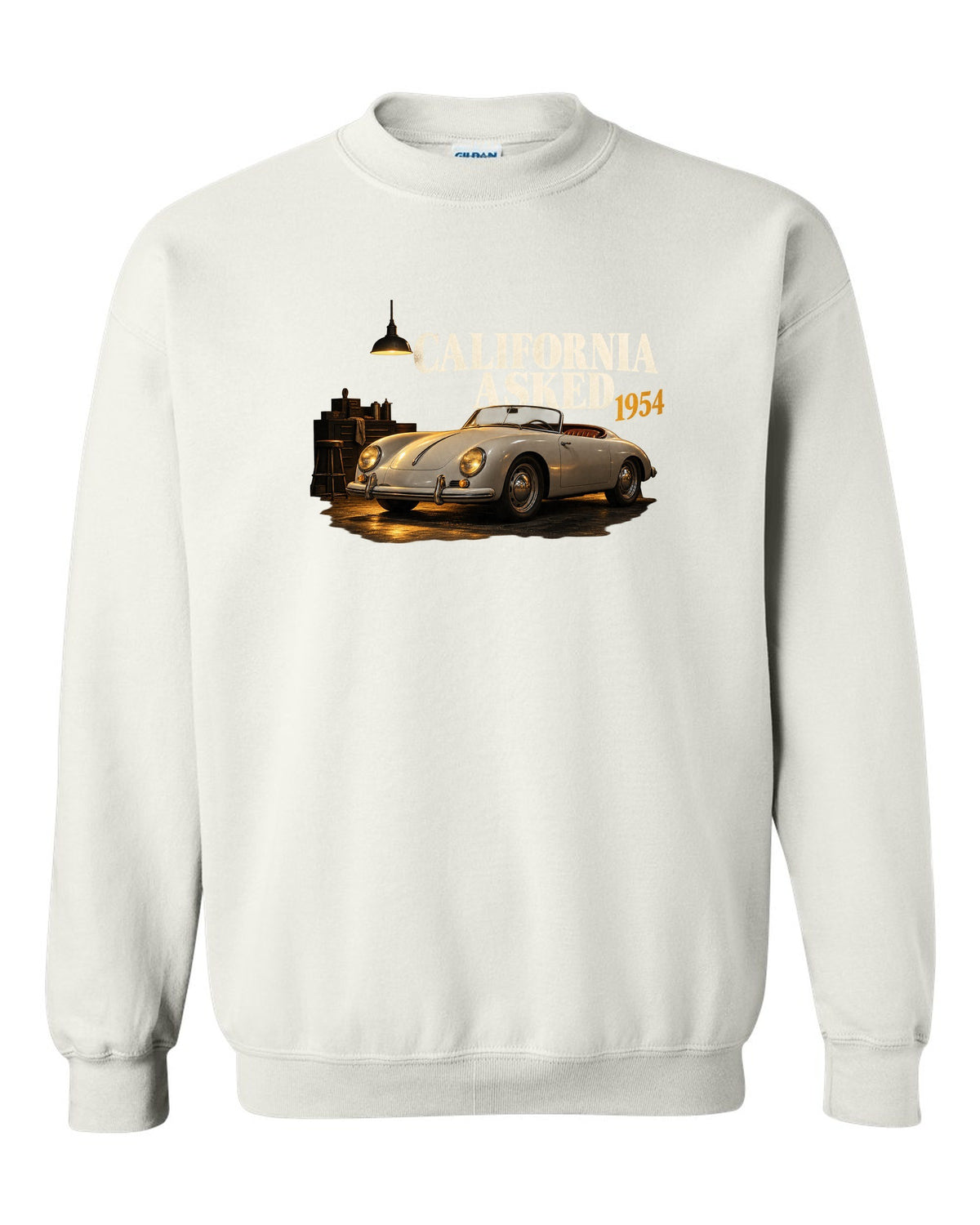 Garage night print of a 1954 Porsche 356 A Speedster with the caption California Asked white crewneck front view with the design
