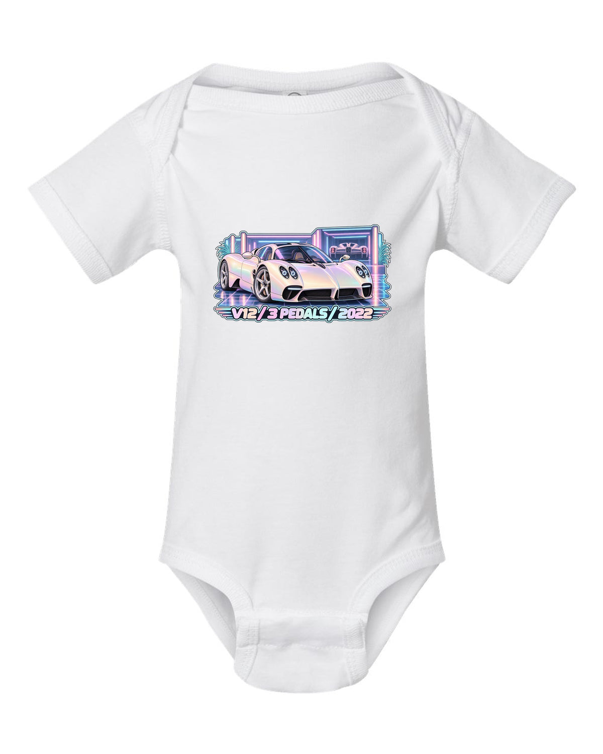 Pastel vaporwave garage illustration of a Pagani Utopia with V12 3 PEDALS 2022 lettering white baby onesie front view with the design