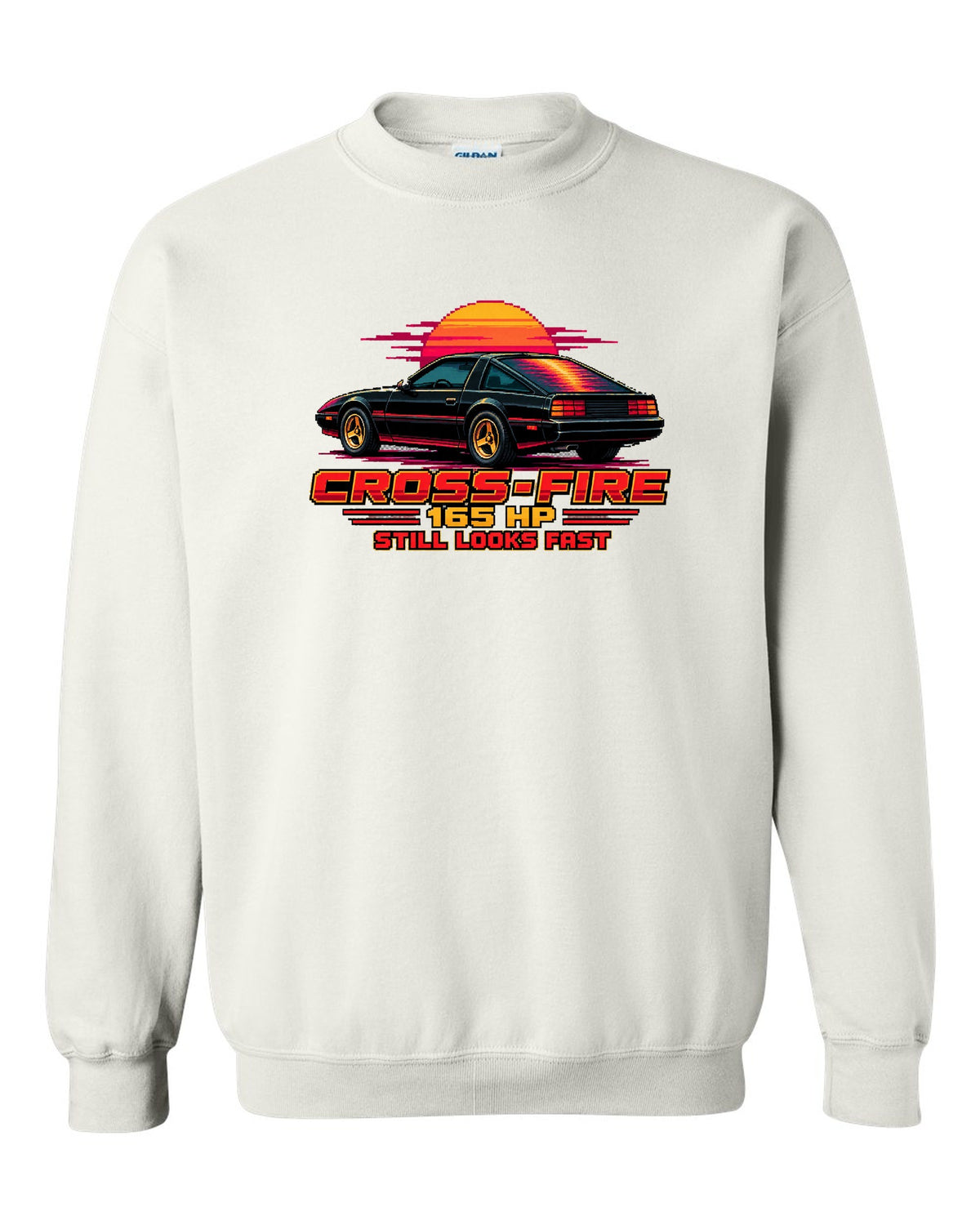 1982 Chevrolet Camaro Z28 pixel art print with Cross-Fire 165 HP text white crewneck front view with the design