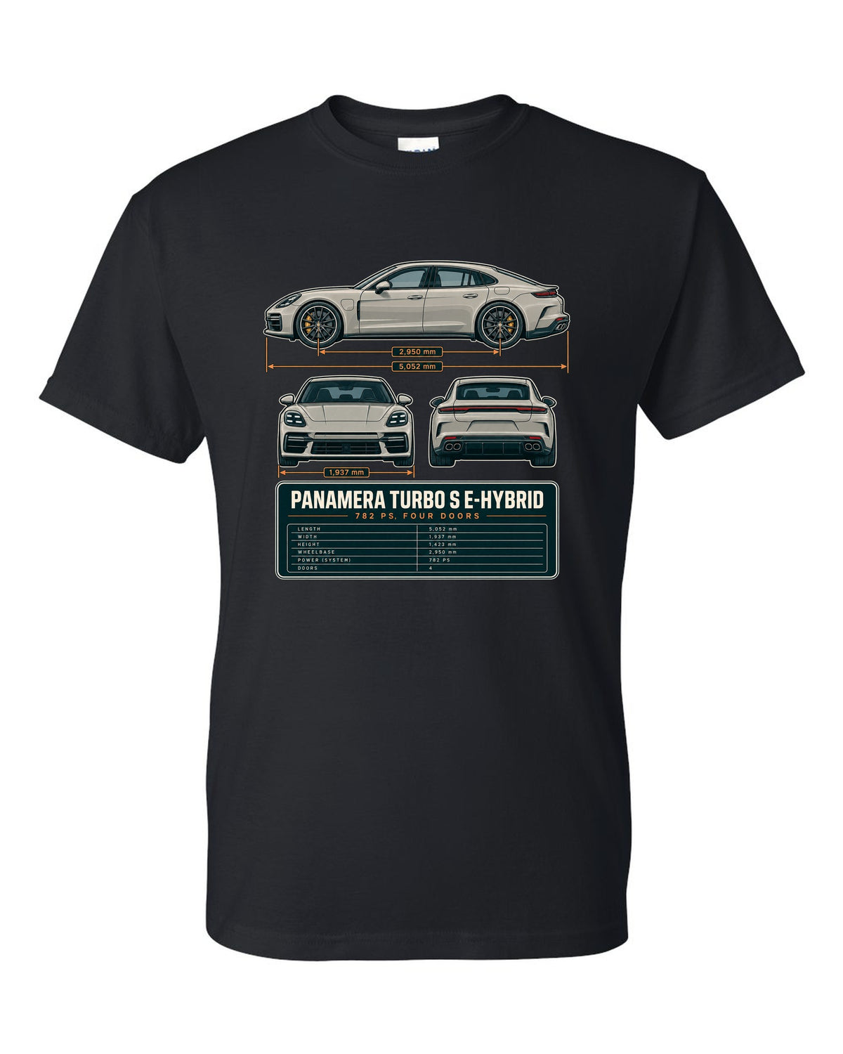 Three-view print of a Porsche Panamera Turbo S E-Hybrid G3 with 782 PS spec table black t-shirt front view with the design