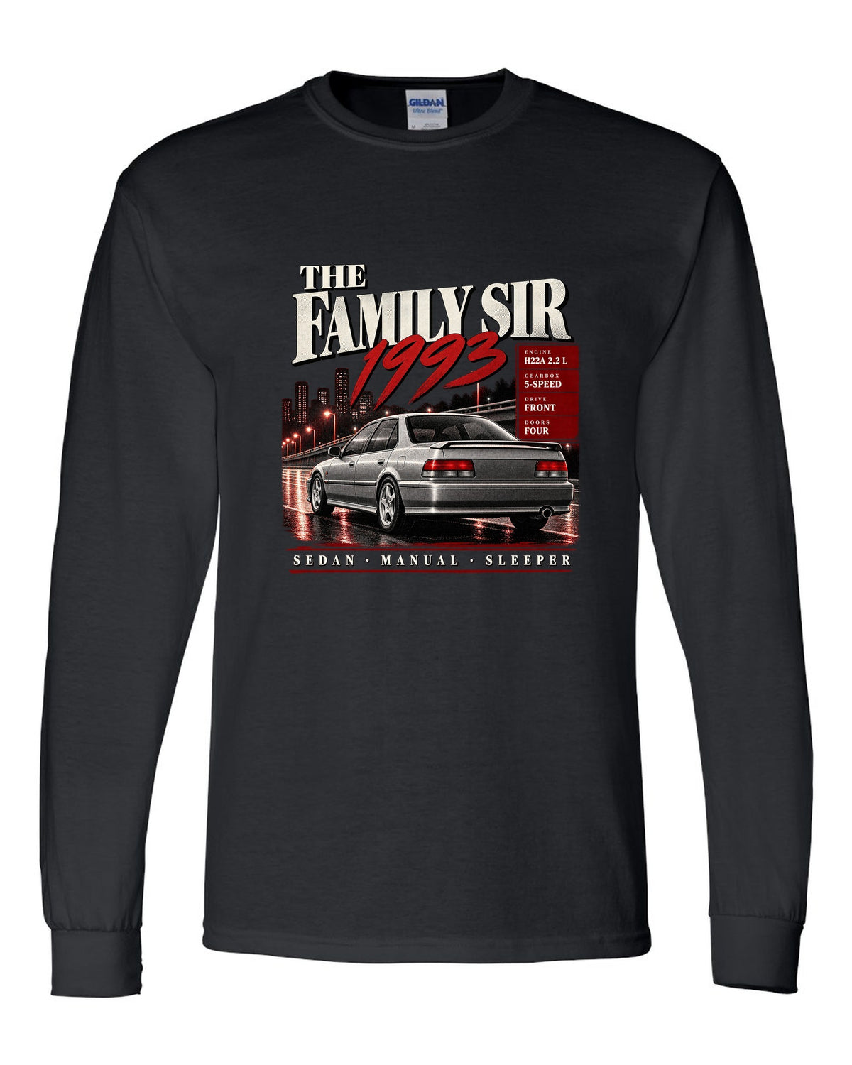 Archive panel print for the Honda Accord CD6 SiR sedan reading The Family Sir 1993 black long sleeve front view with the design