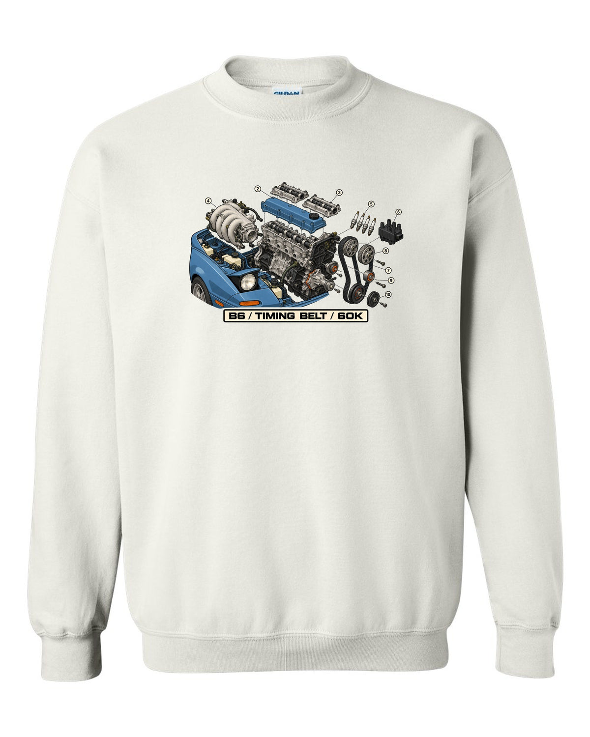 Exploded engine diagram print of a Mazda MX-5 NA B6 1.6L with timing belt 60K text white crewneck front view with the design