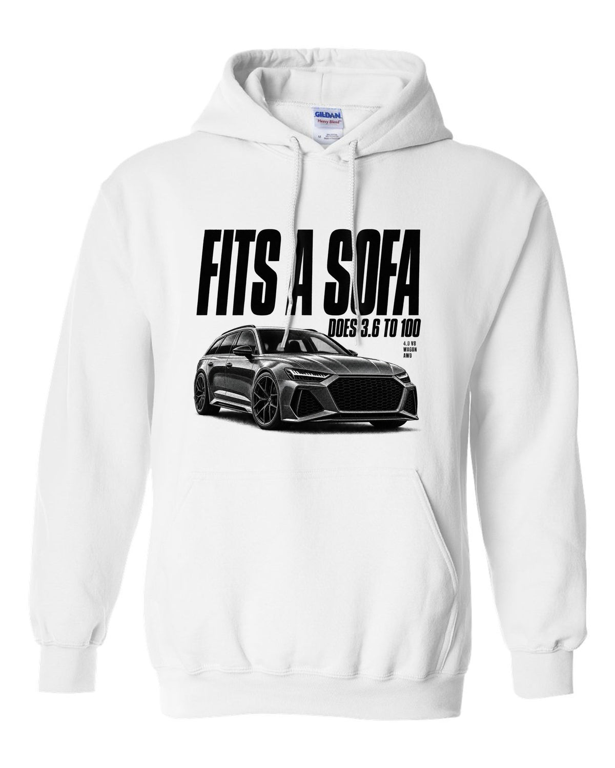 Halftone print of an Audi RS6 Avant C8 front three-quarter with Fits A Sofa caption white pull over hoodie front view with the design