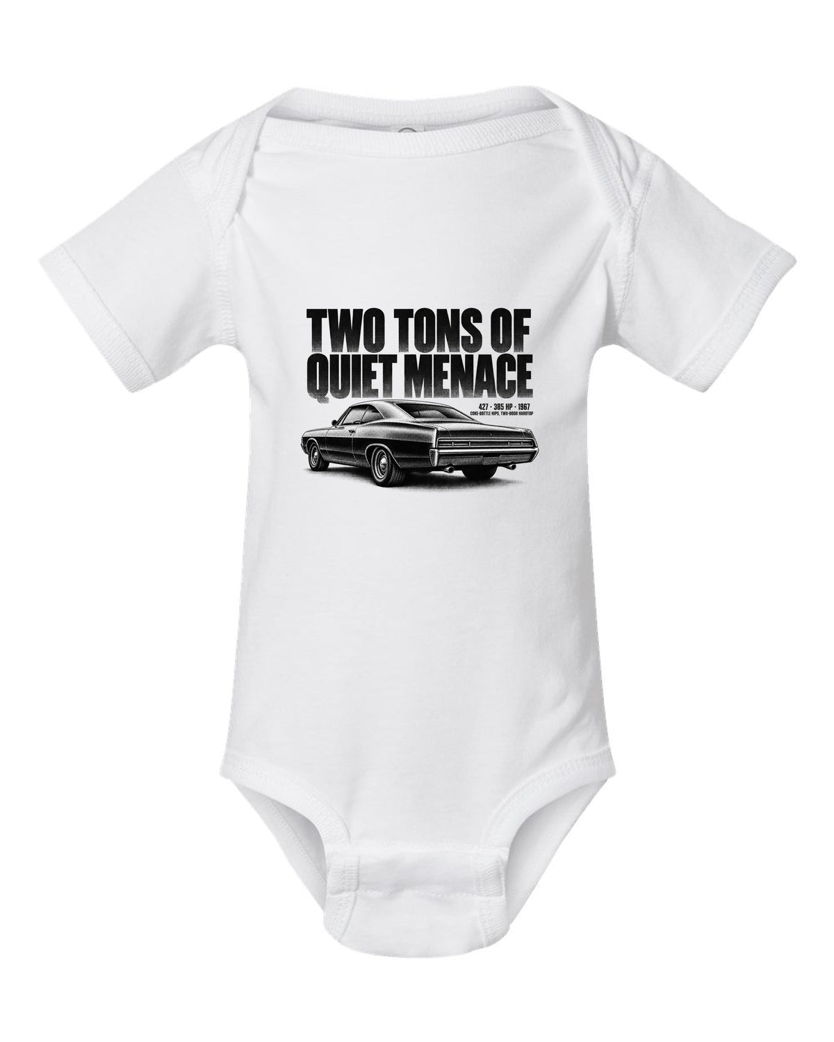 1967 Impala SS 427 two-door hardtop halftone print with 385 HP text white baby onesie front view with the design