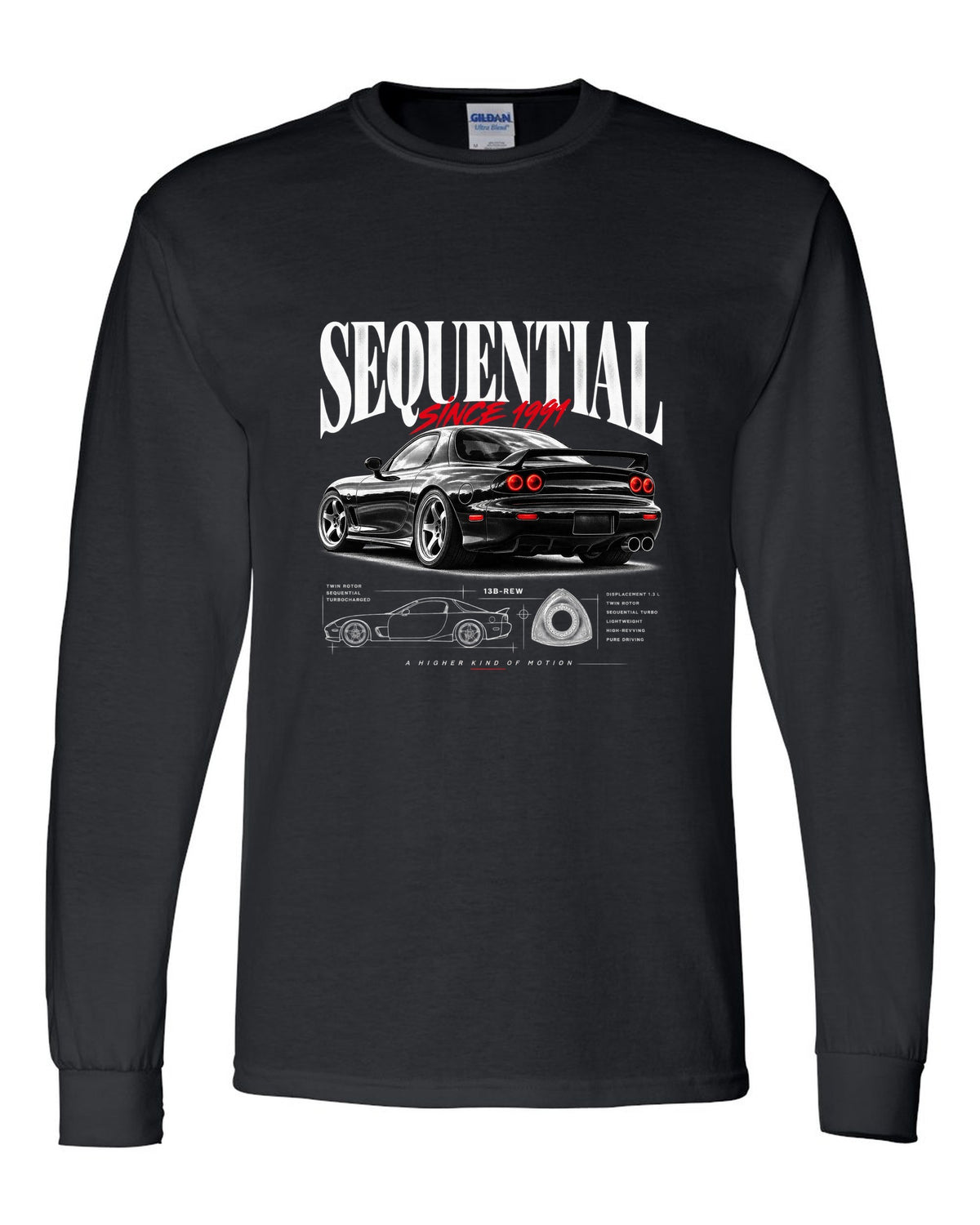 Editorial print of a Mazda RX-7 FD3S rear three-quarter with sequential headline black long sleeve front view with the design