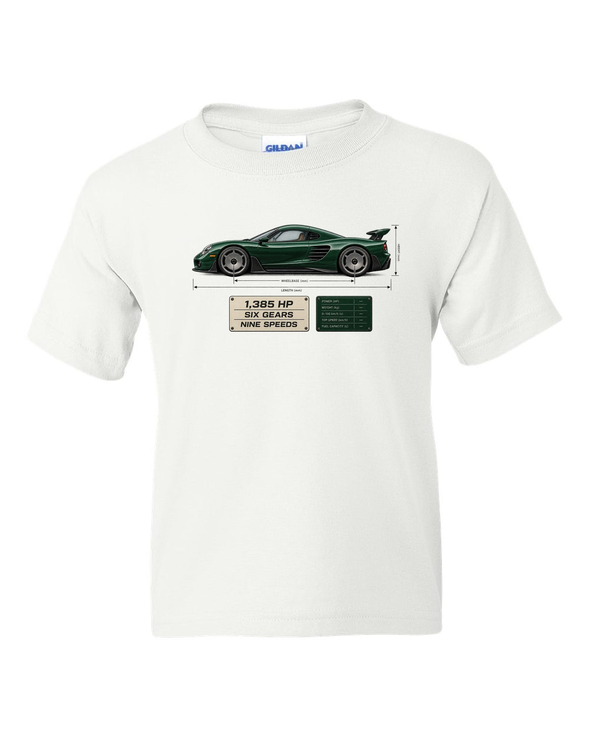 Blueprint print of the Koenigsegg CC850 with the text 1,385 hp, six gears, nine speeds white kids tee front view with the design