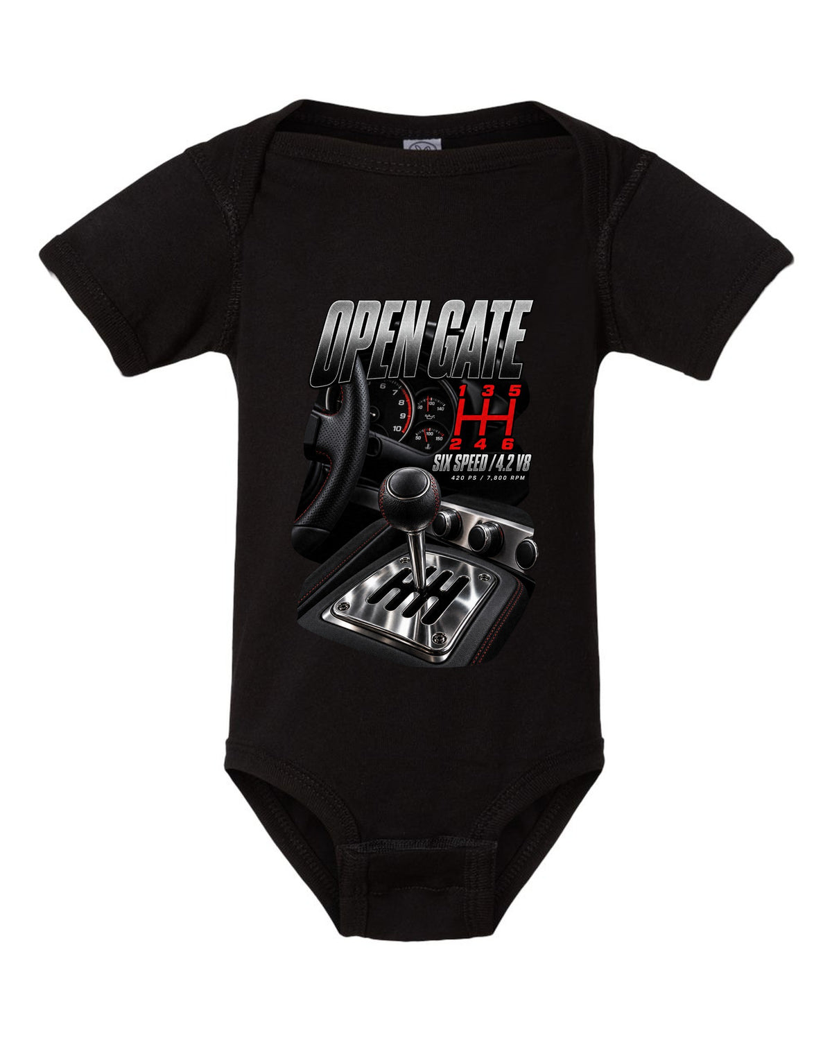 Audi R8 Type 42 V8 open gate six-speed shifter macro design black baby onesie front view with the design