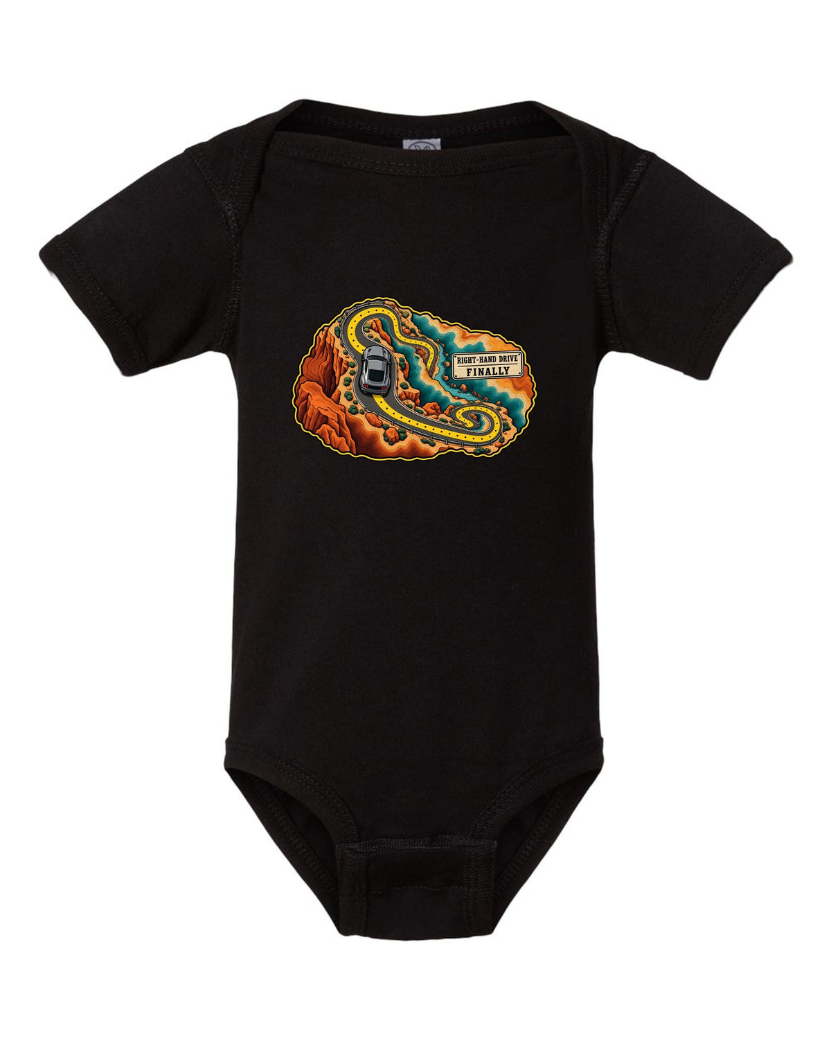 Topographic canyon route map with an S550 Ford Mustang fastback black baby onesie front view with the design