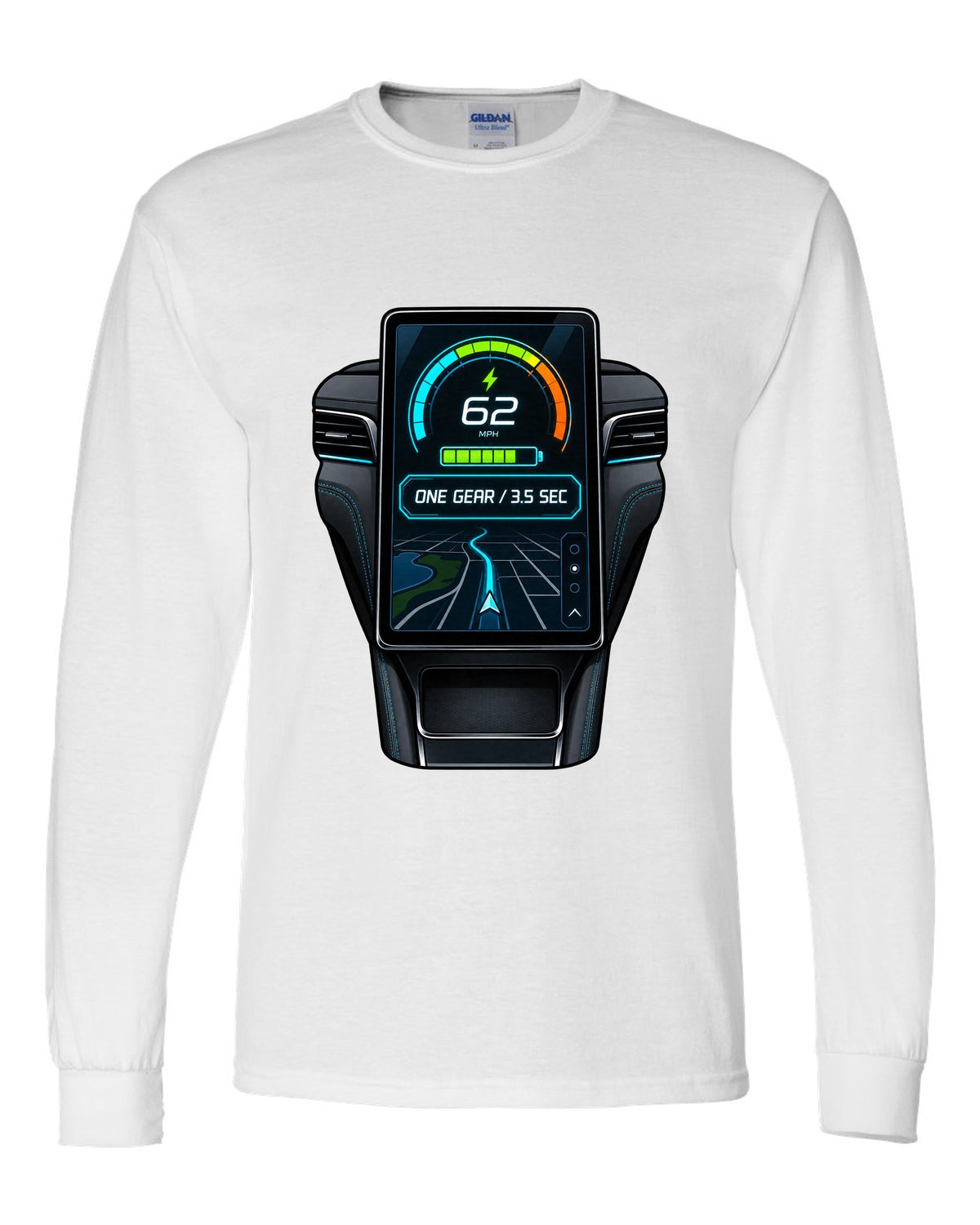 Round embroidery-style crest print for the 2020 Mustang Mach-E CX727 reading 88 kWh Extended Range white long sleeve front view with the design