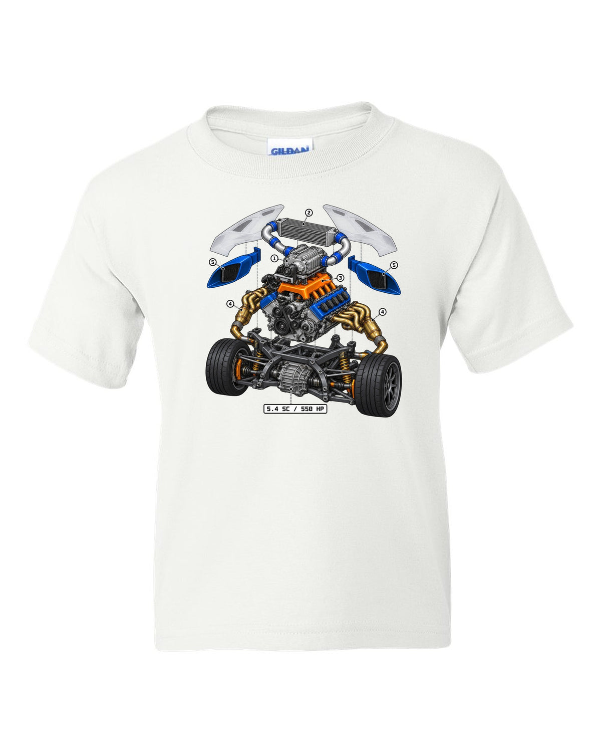 Ford GT 2005-2006 supercharged V8 in an isometric exploded view print white kids tee front view with the design