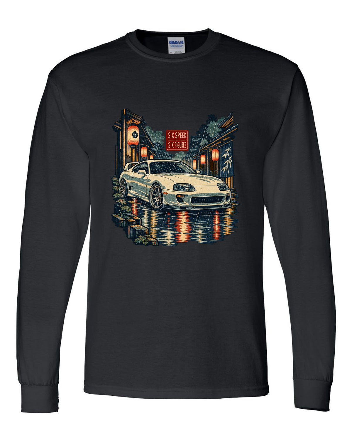 Ukiyo-e woodblock scene of a Toyota Supra A80 JZA80 in lantern rain with six speed six figures text black long sleeve front view with the design