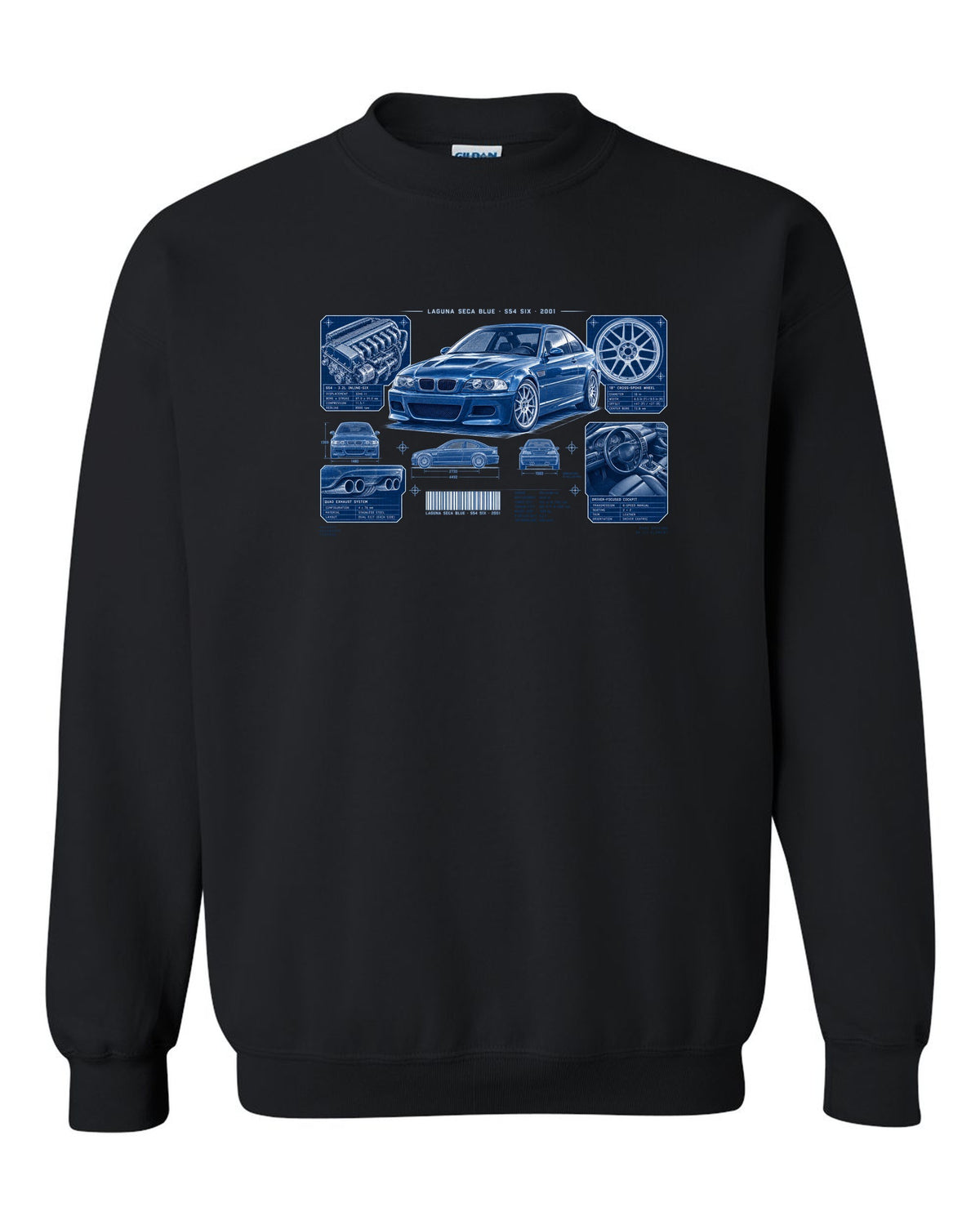 BMW E46 M3 coupe dossier panel print with Laguna Seca Blue S54 six and 2001 text black crewneck front view with the design