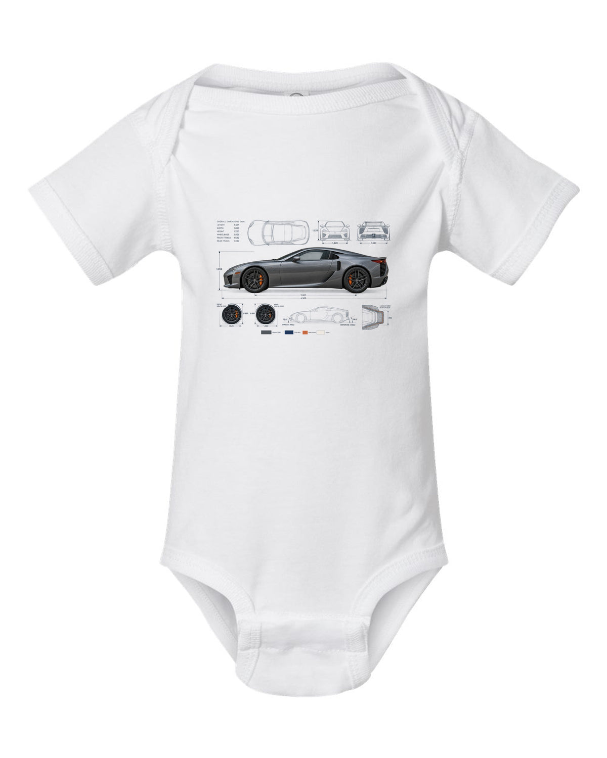 Blueprint style print of the Lexus LFA LFA10 with V10 spec lines white baby onesie front view with the design