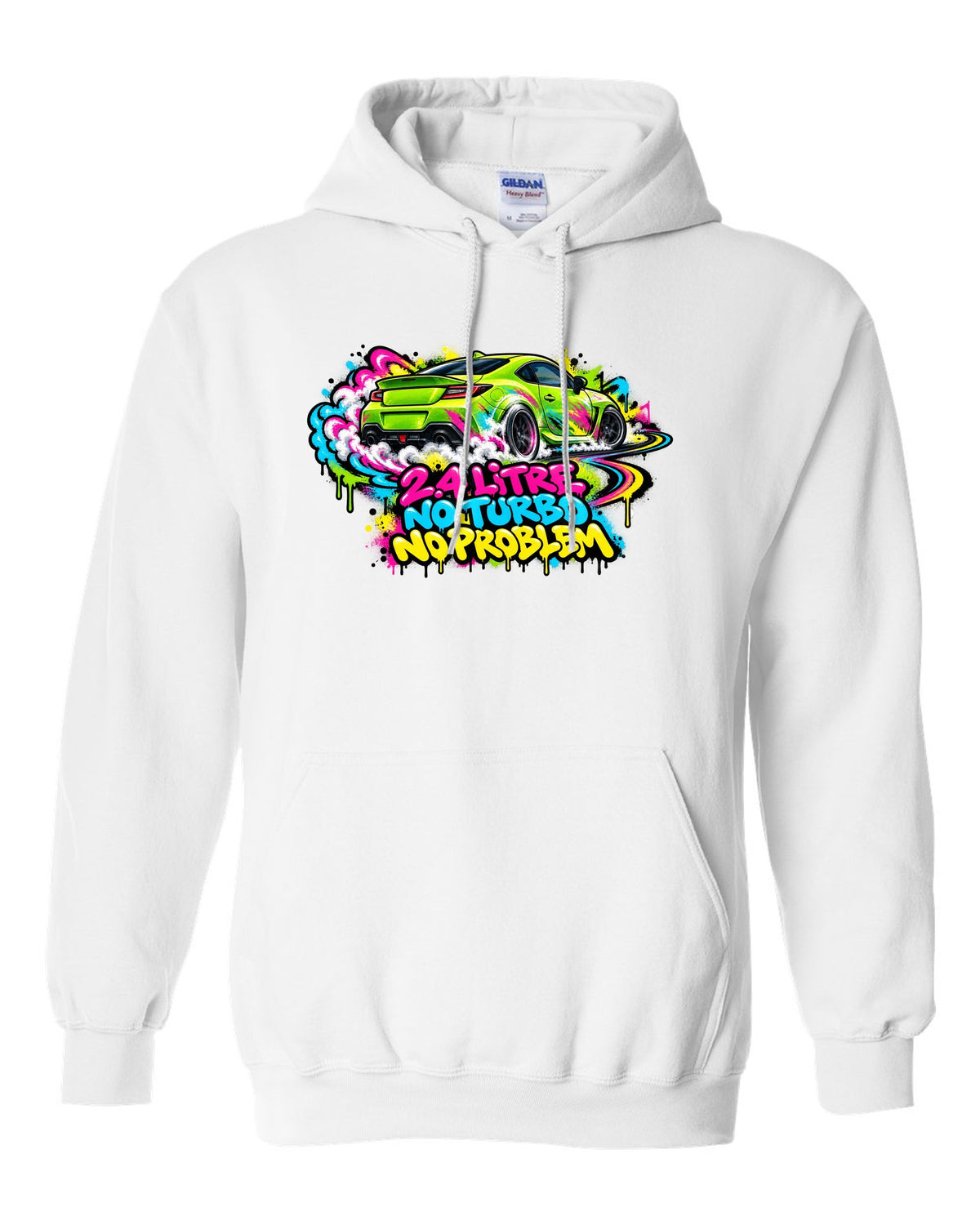 Subaru BRZ ZD8 sideways in front of a graffiti wall, 2.4 LITRE / NO TURBO / NO PROBLEM white pull over hoodie front view with the design