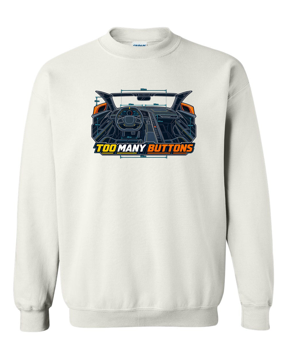 Blueprint line art print of a Chevrolet Corvette C8 Stingray cockpit with Too Many Buttons text white crewneck front view with the design