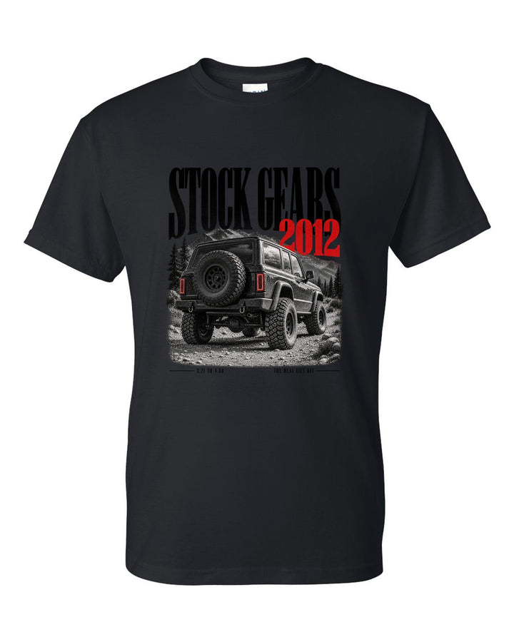 Jeep Wrangler JK editorial headline print about regearing 3.21 to 4.88 black t-shirt front view with the design