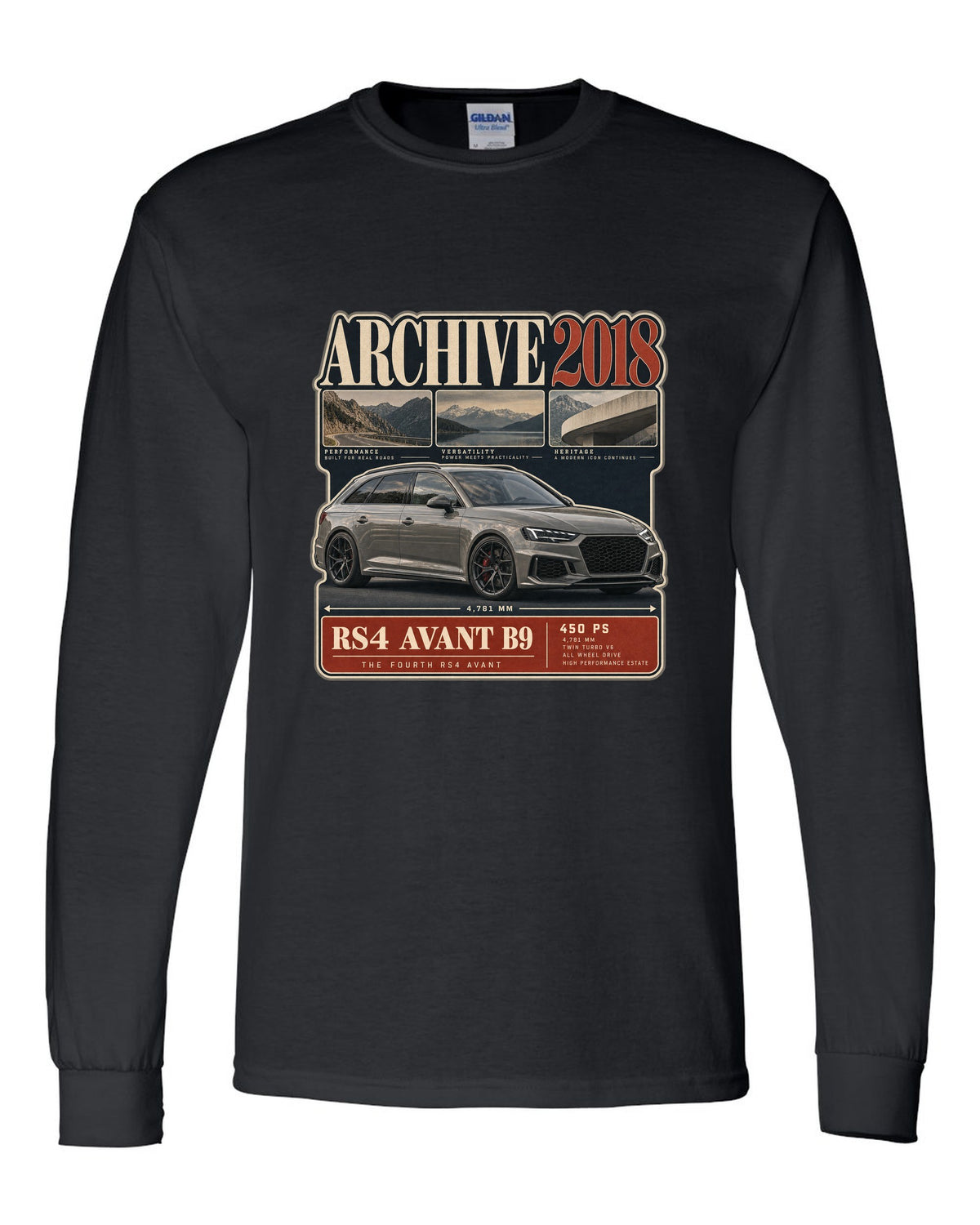 Audi RS4 Avant B9 archive panel print marked 2018 with 450 PS black long sleeve front view with the design