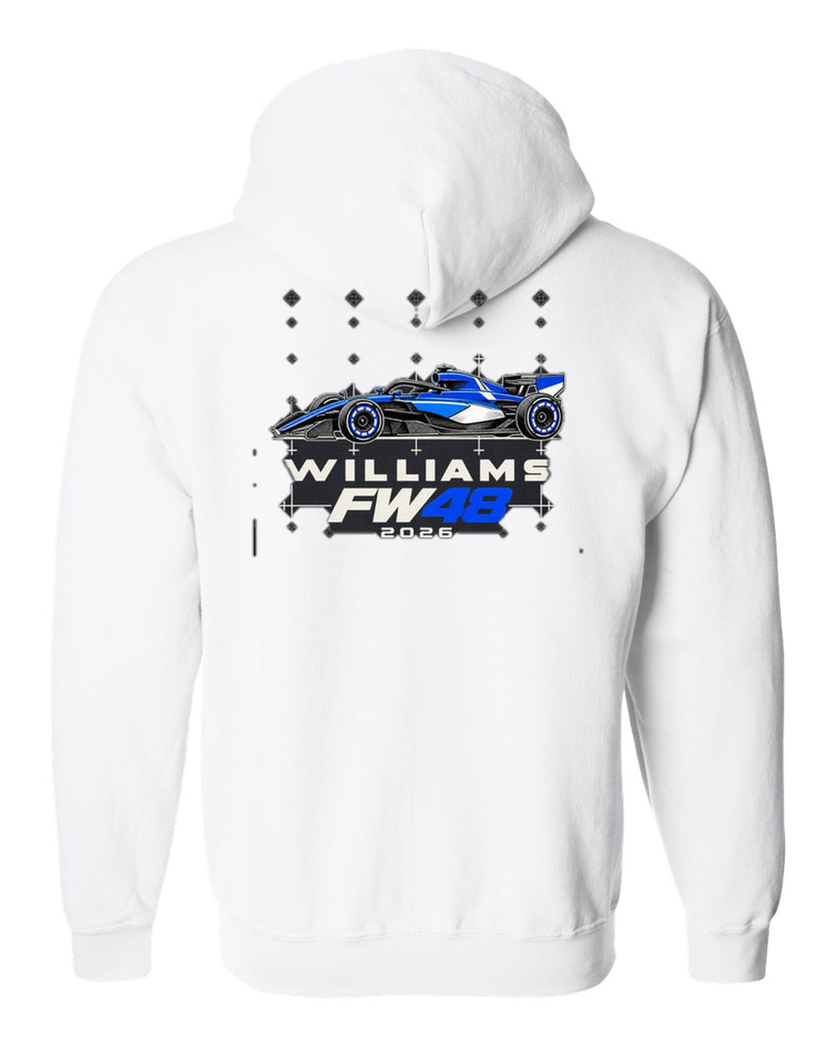 Williams FW48 2026 F1 car technical poster artwork white zip hoodie back view with the design