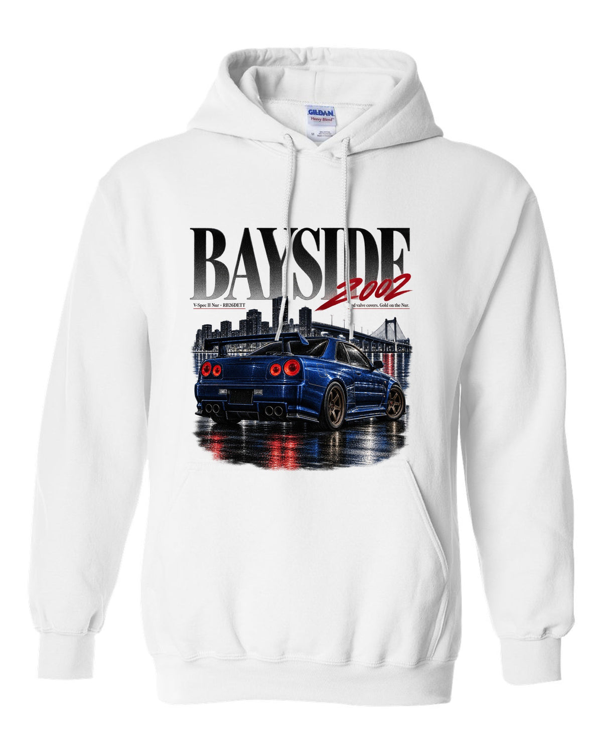 Editorial print of a Nissan Skyline GT-R R34 V-Spec II Nur rear with RB26DETT text white pull over hoodie front view with the design