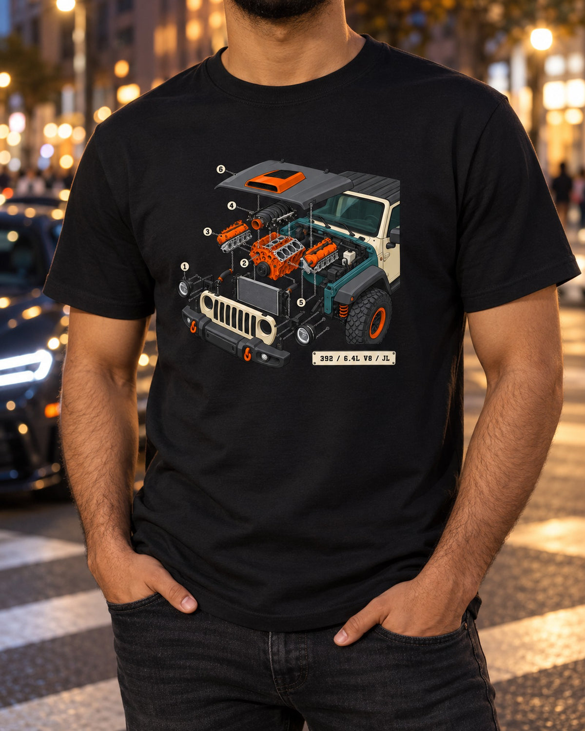 Jeep Wrangler JL Rubicon 392 6.4L V8 Exploded View Shirt T-Shirt Black worn hero
