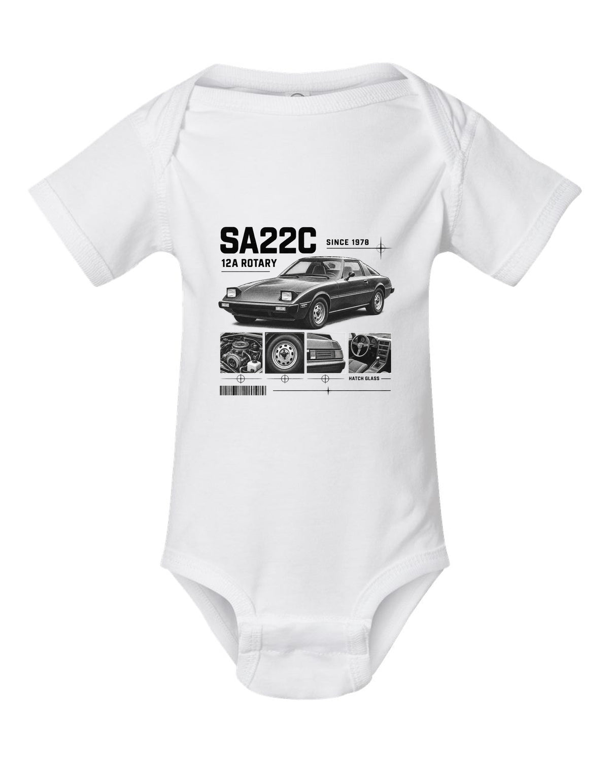 Dossier panel print of a Mazda RX-7 SA22C with 12A rotary lettering white baby onesie front view with the design
