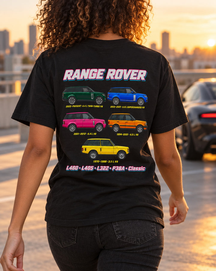 Range Rover Evolution Poster Full-Back Graphic Tee T-Shirt Black worn hero
