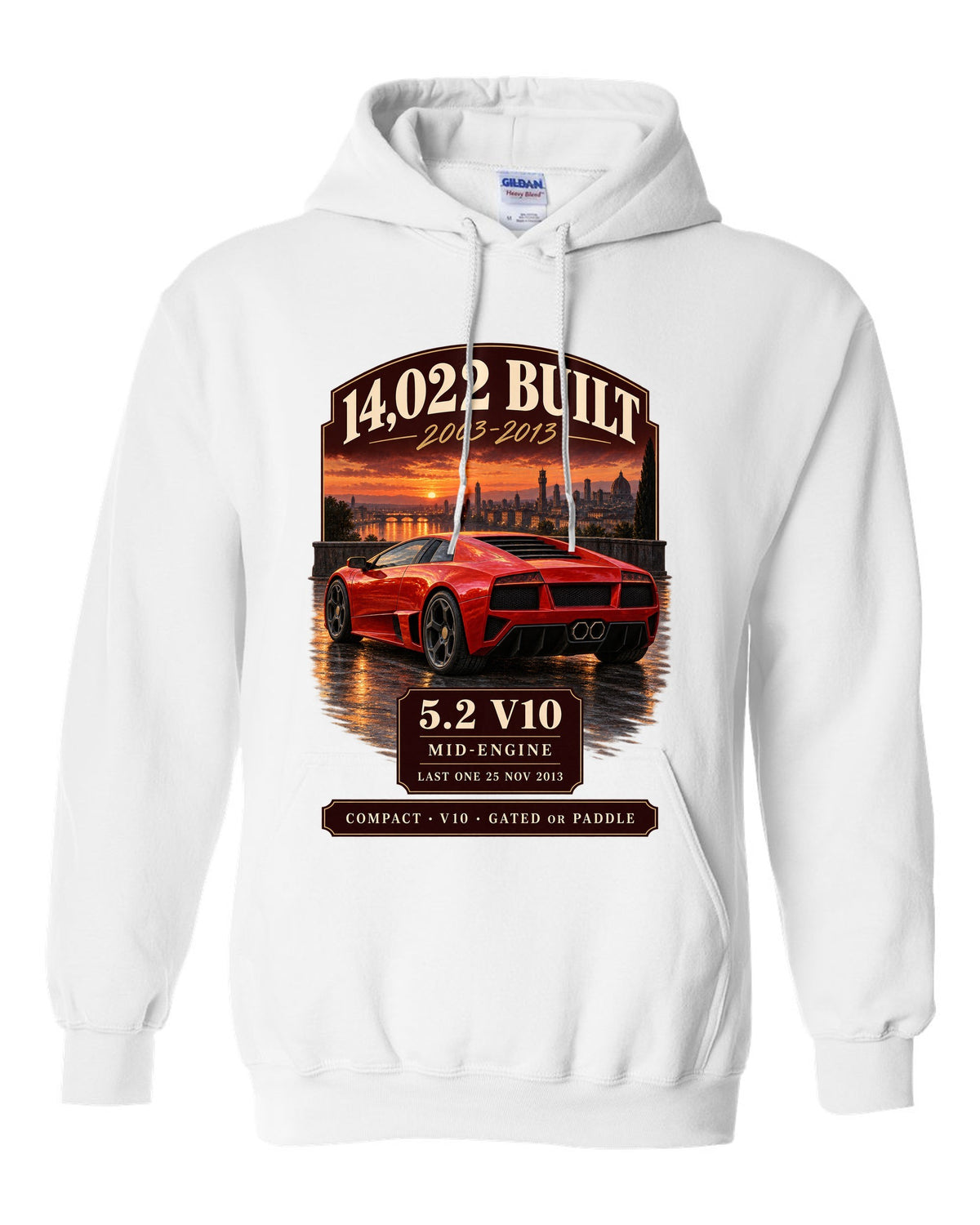 Archive panel print of a Lamborghini Gallardo LP570-4 with 14,022 built and 5.2 V10 text white pull over hoodie front view with the design