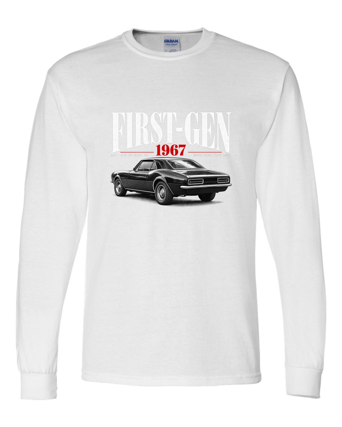 Editorial-style print of a 1967 Chevrolet Camaro RS with first-gen and 327 V8 caption white long sleeve front view with the design