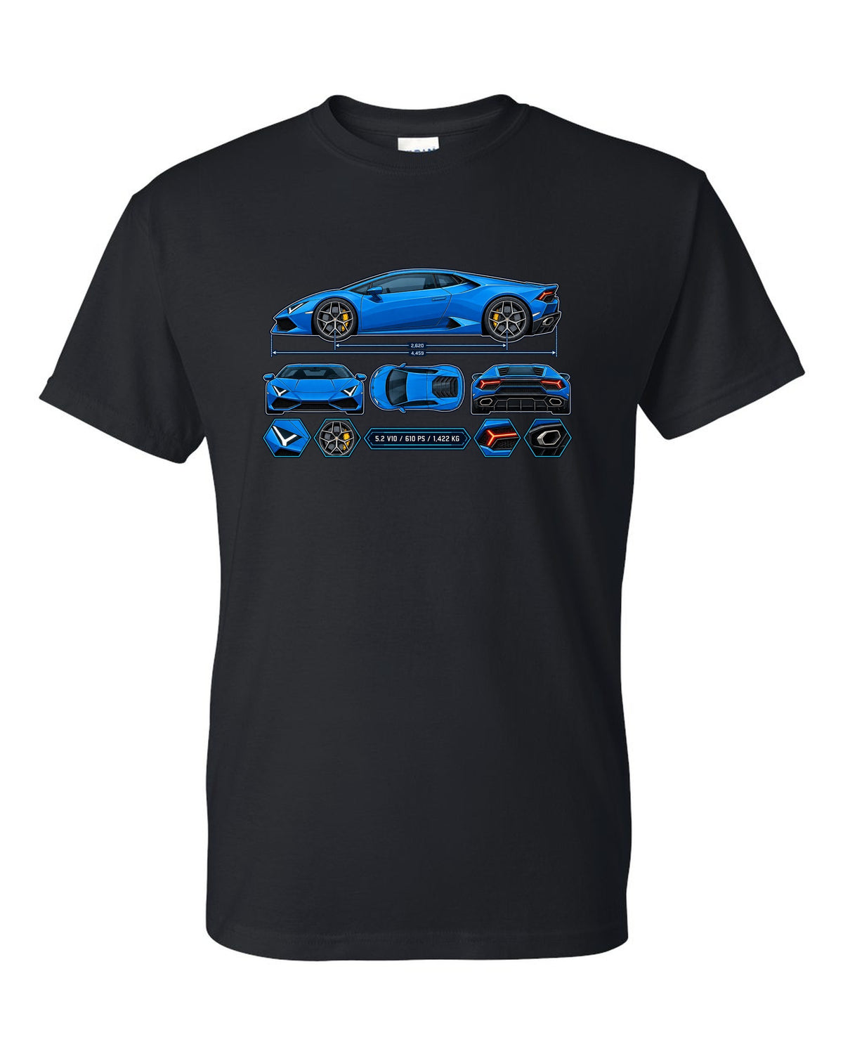 Colour technical blueprint of a Lamborghini Huracan LP610-4 with text 5.2 V10 / 610 PS / 1,422 KG black t-shirt front view with the design