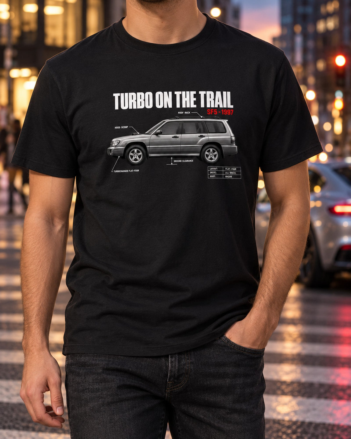 Subaru Forester SF5 Turbo Spec Poster Shirt, Car Gift T-Shirt Black worn hero