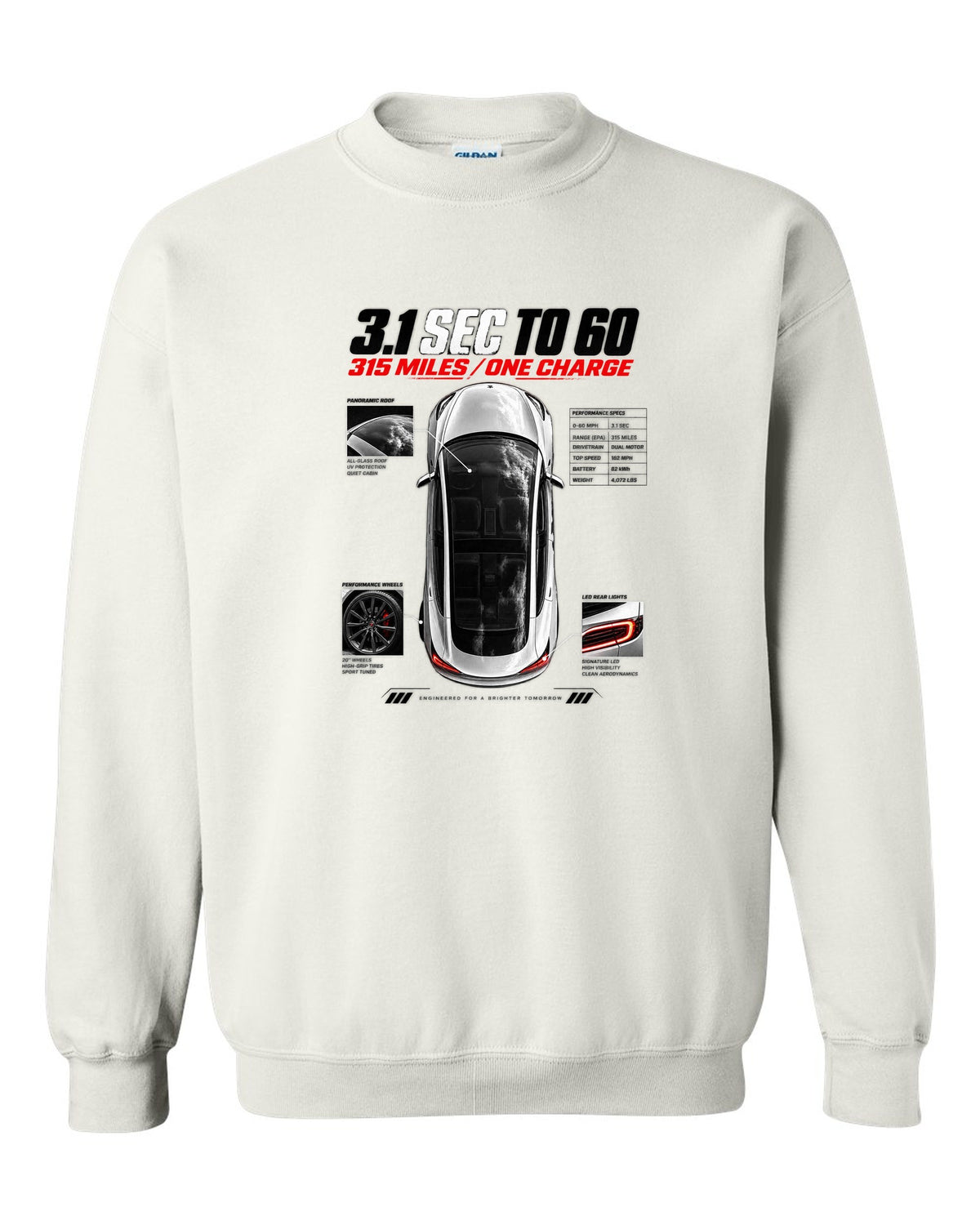 Top-down spec poster print of a Tesla Model 3 Performance with 0-60 and range figures white crewneck front view with the design