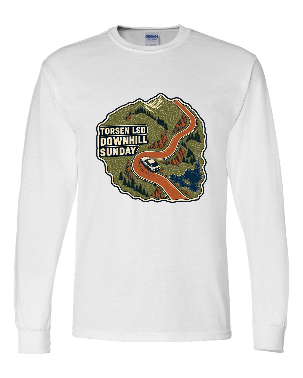 Topographic route map print for a Hyundai Genesis Coupe BK2 with Torsen LSD downhill Sunday text white long sleeve front view with the design